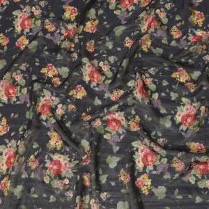 Navy blue viscose fabric with multicolor print having metallic finish in floral design-D16266