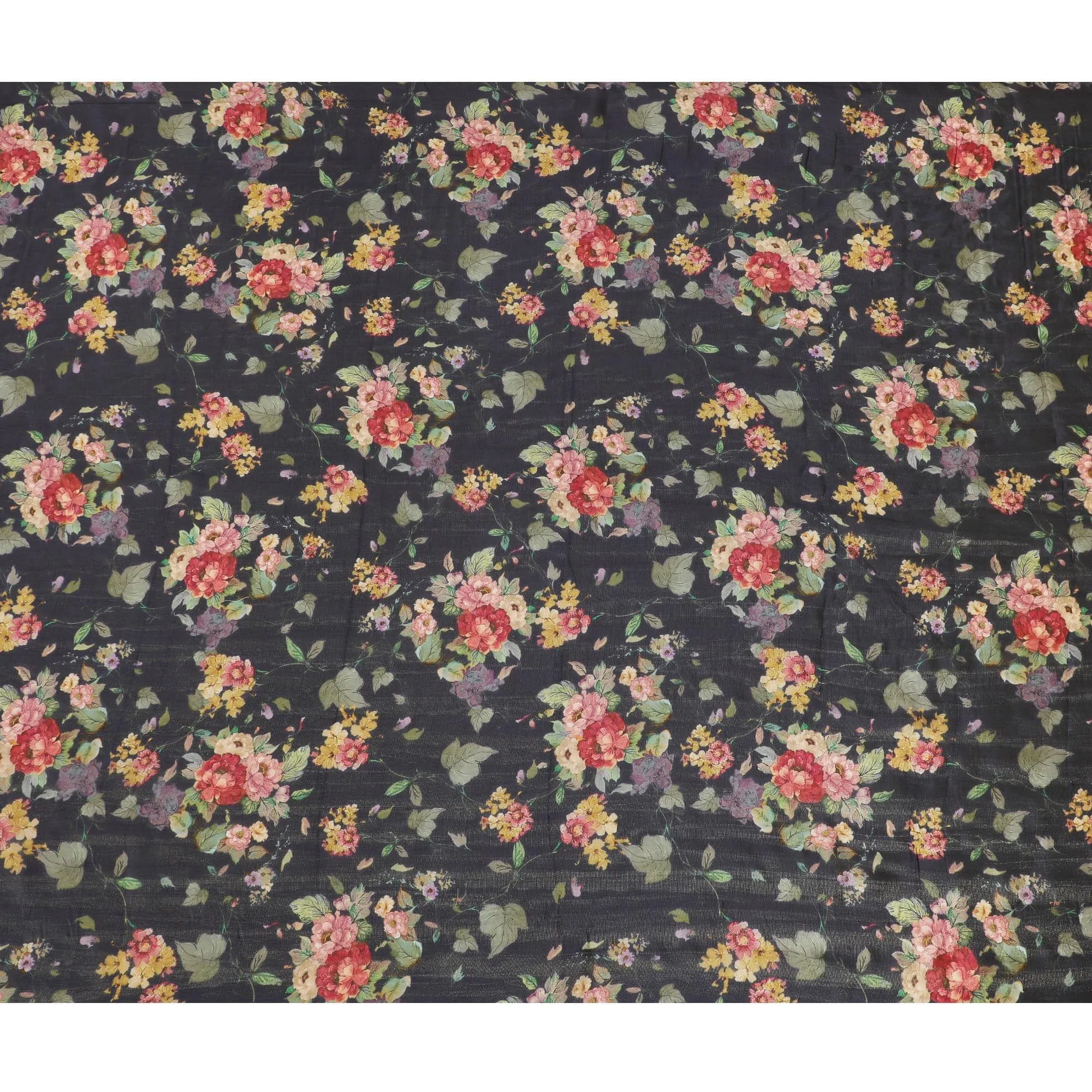Navy blue viscose fabric with multicolor print having metallic finish in floral design-D16266