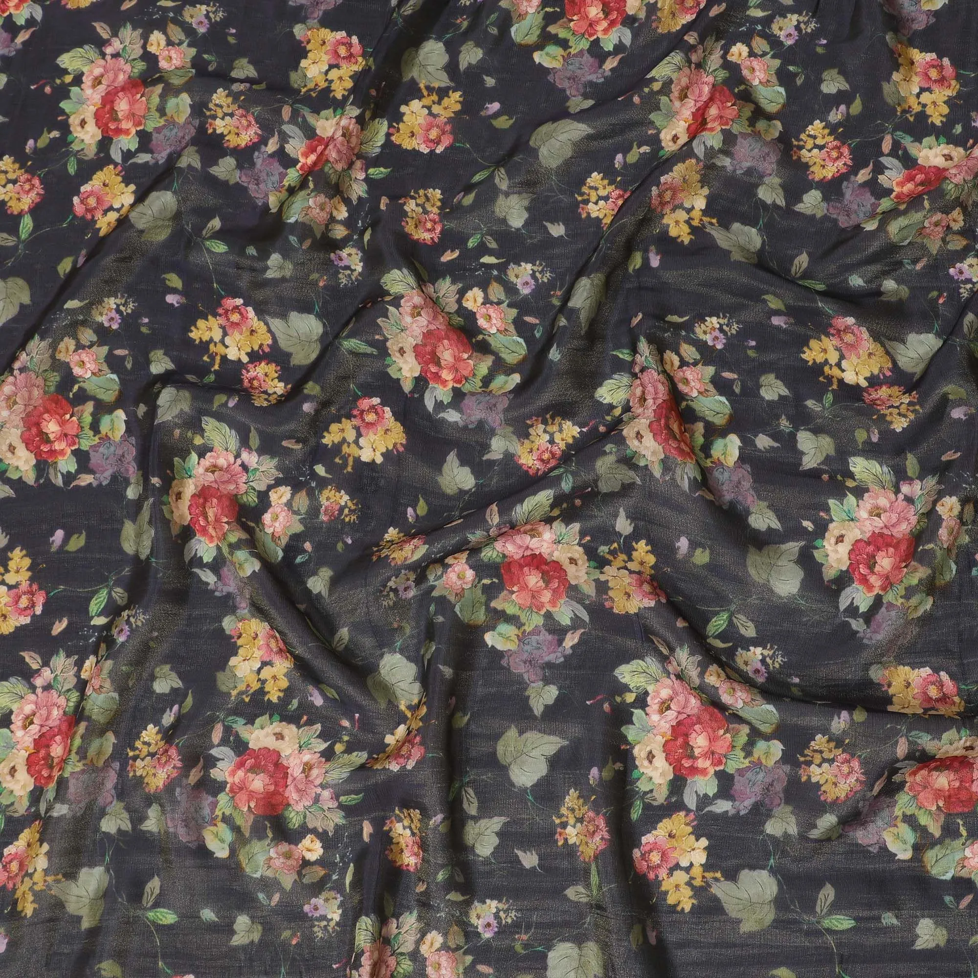 Navy blue viscose fabric with multicolor print having metallic finish in floral design-D16266