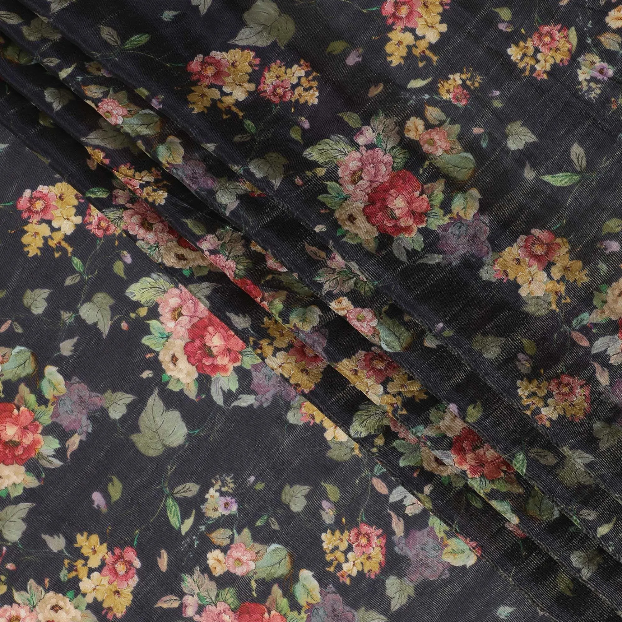 Navy blue viscose fabric with multicolor print having metallic finish in floral design-D16266