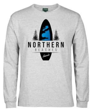 Northern Beaches Surfboard & Norfolk Pines Longsleeve T-Shirt (Snow Grey)