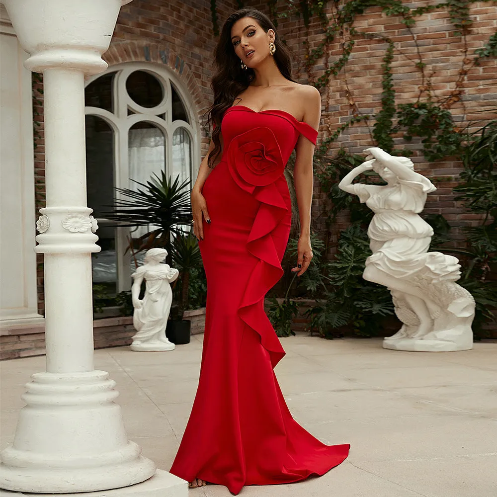 Off the Shoulder Sweetheart Neck Elegant Long Cocktail Dress with 3D Decoration