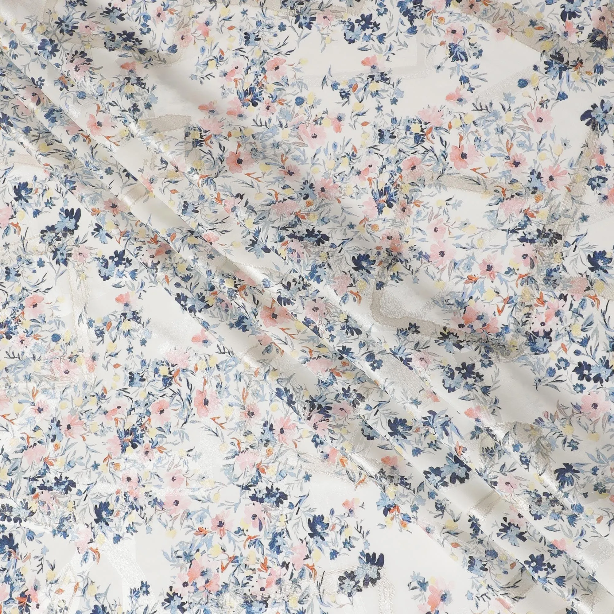 Off white Premium pure silk crepe fabric with multicolor print having gold metallic lurex in floral design-D15732