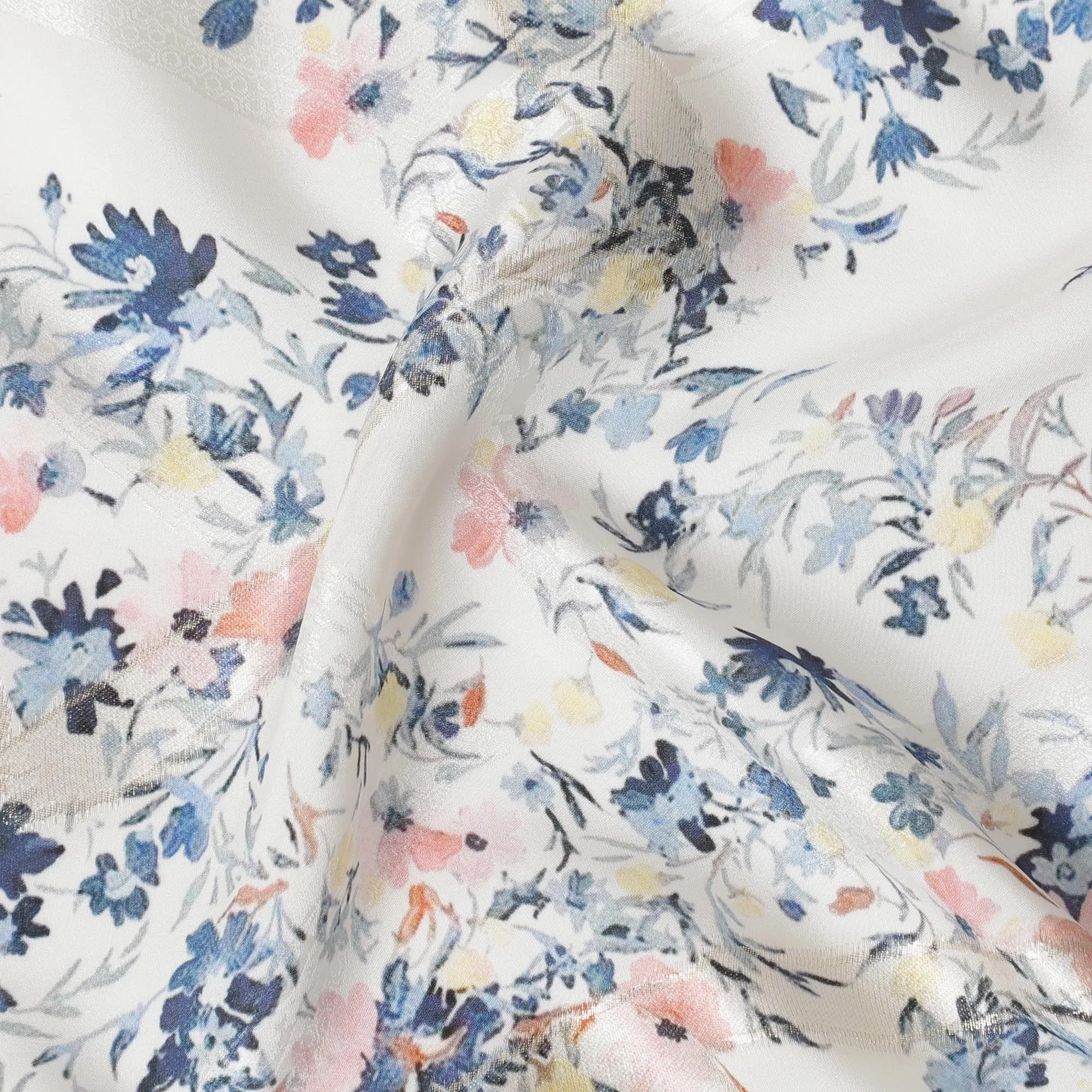 Off white Premium pure silk crepe fabric with multicolor print having gold metallic lurex in floral design-D15732