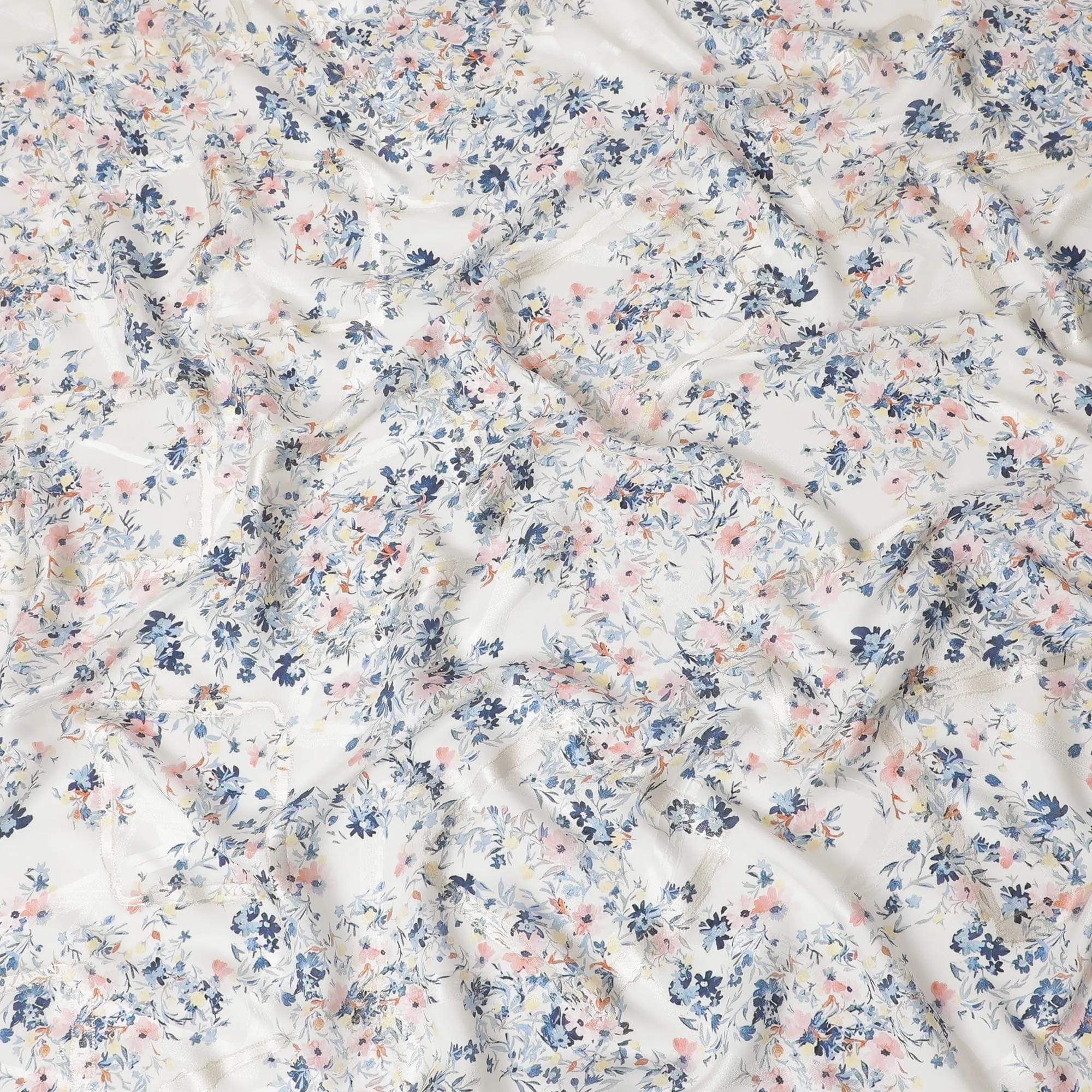 Off white Premium pure silk crepe fabric with multicolor print having gold metallic lurex in floral design-D15732