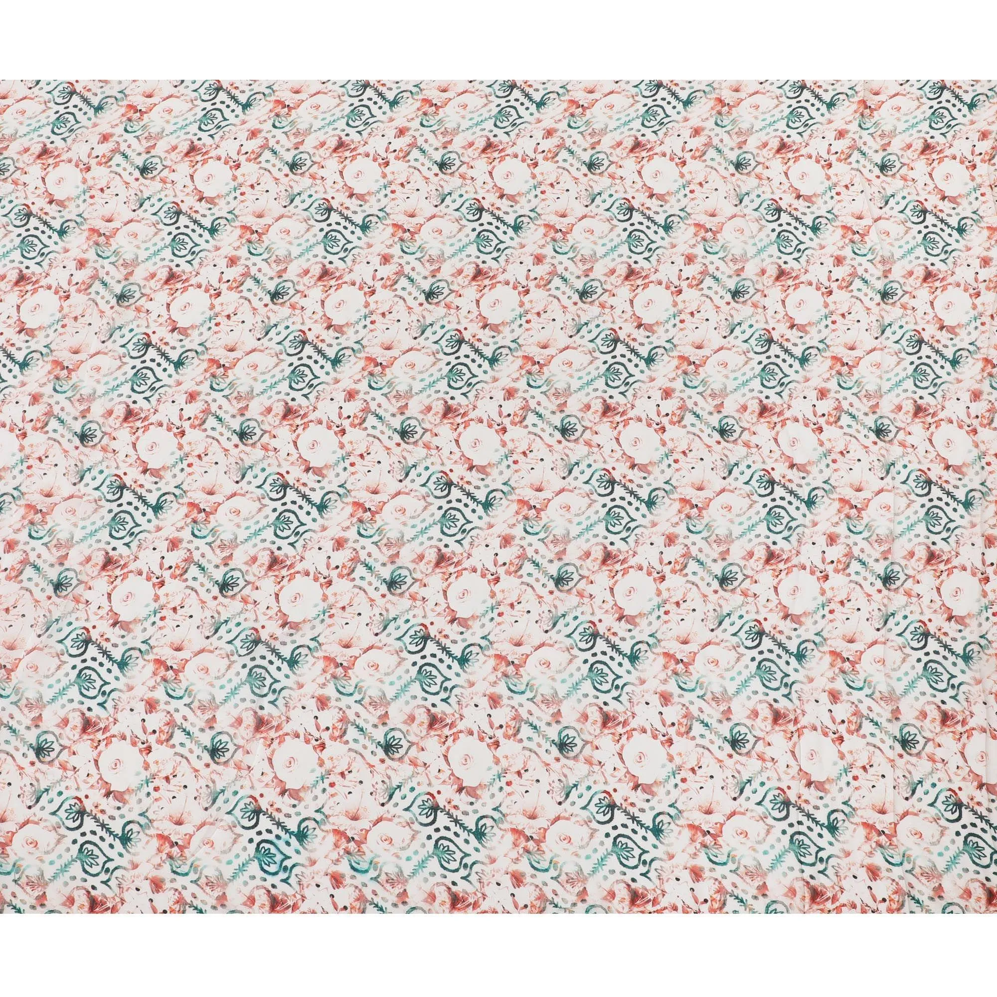 Off white synthetic crepe fabric with forest green, squash orange and black print in floral design-D11034
