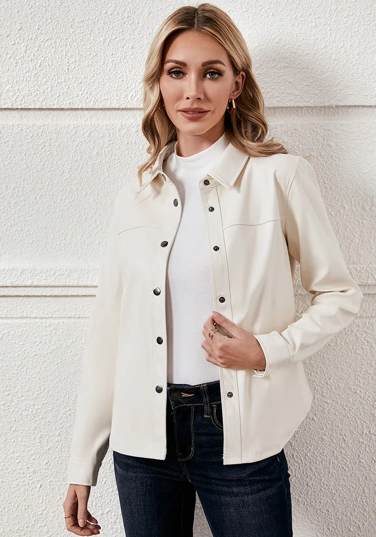 Off White Women's Faux Leather Street Style Long Sleeves Vegan Moto Biker Coat