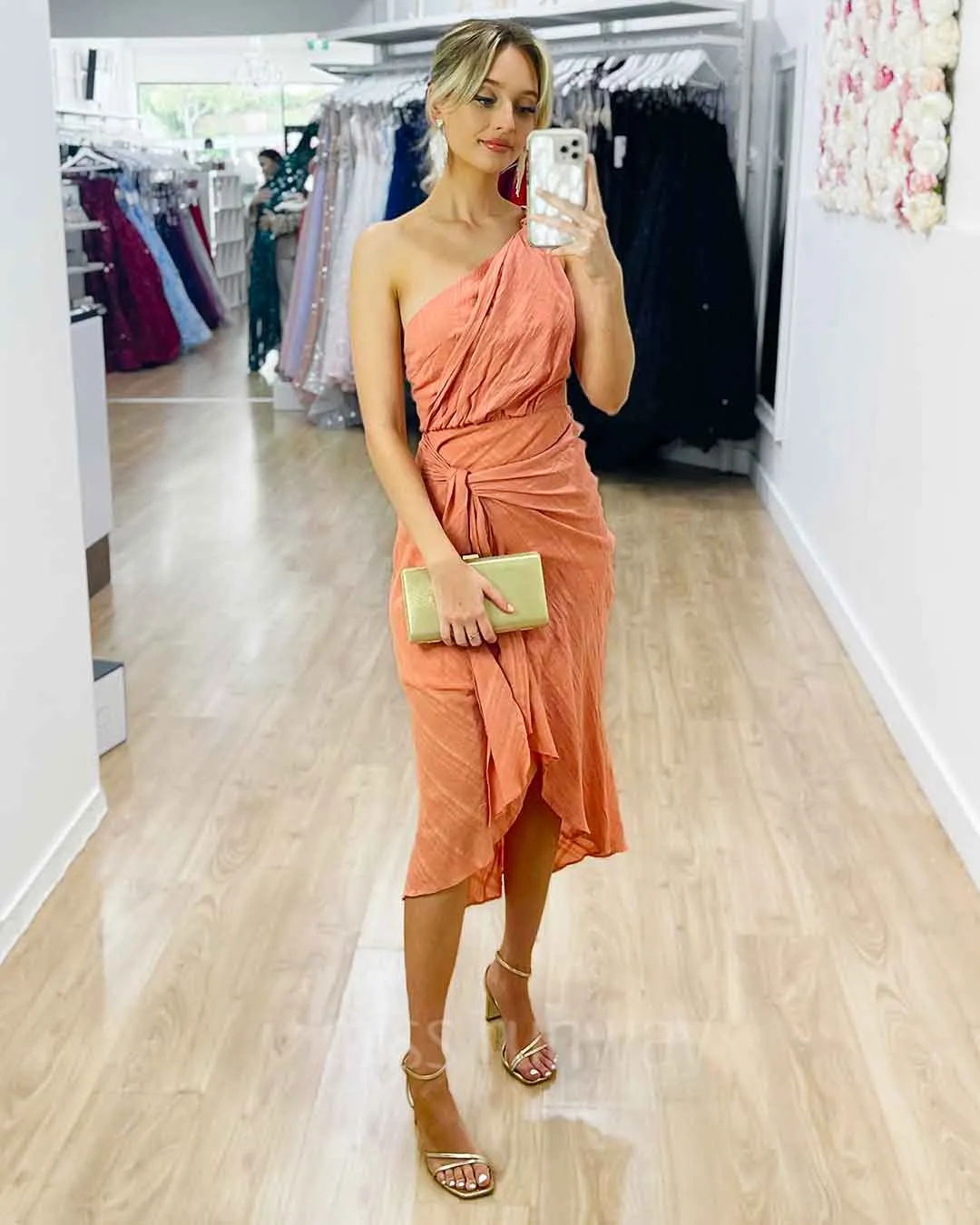 Olivia One Shoulder Midi Dress - Peach