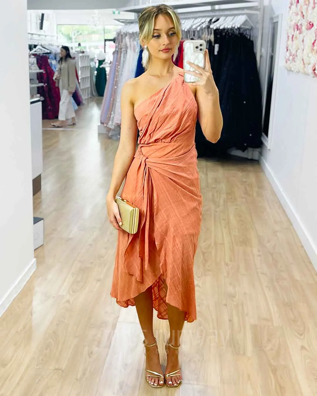 Olivia One Shoulder Midi Dress - Peach