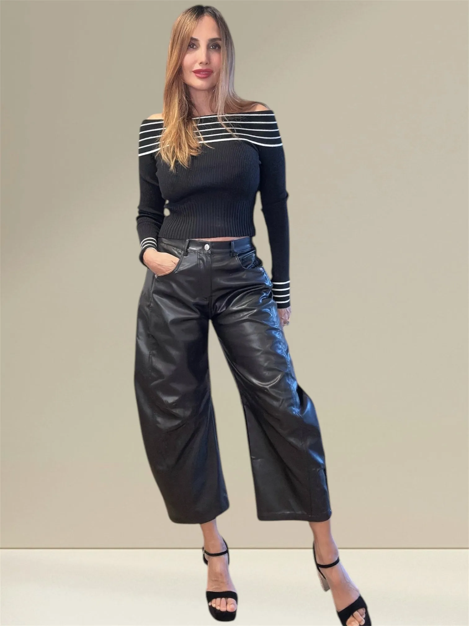 Oni sleek vegan leather Barrel black pants