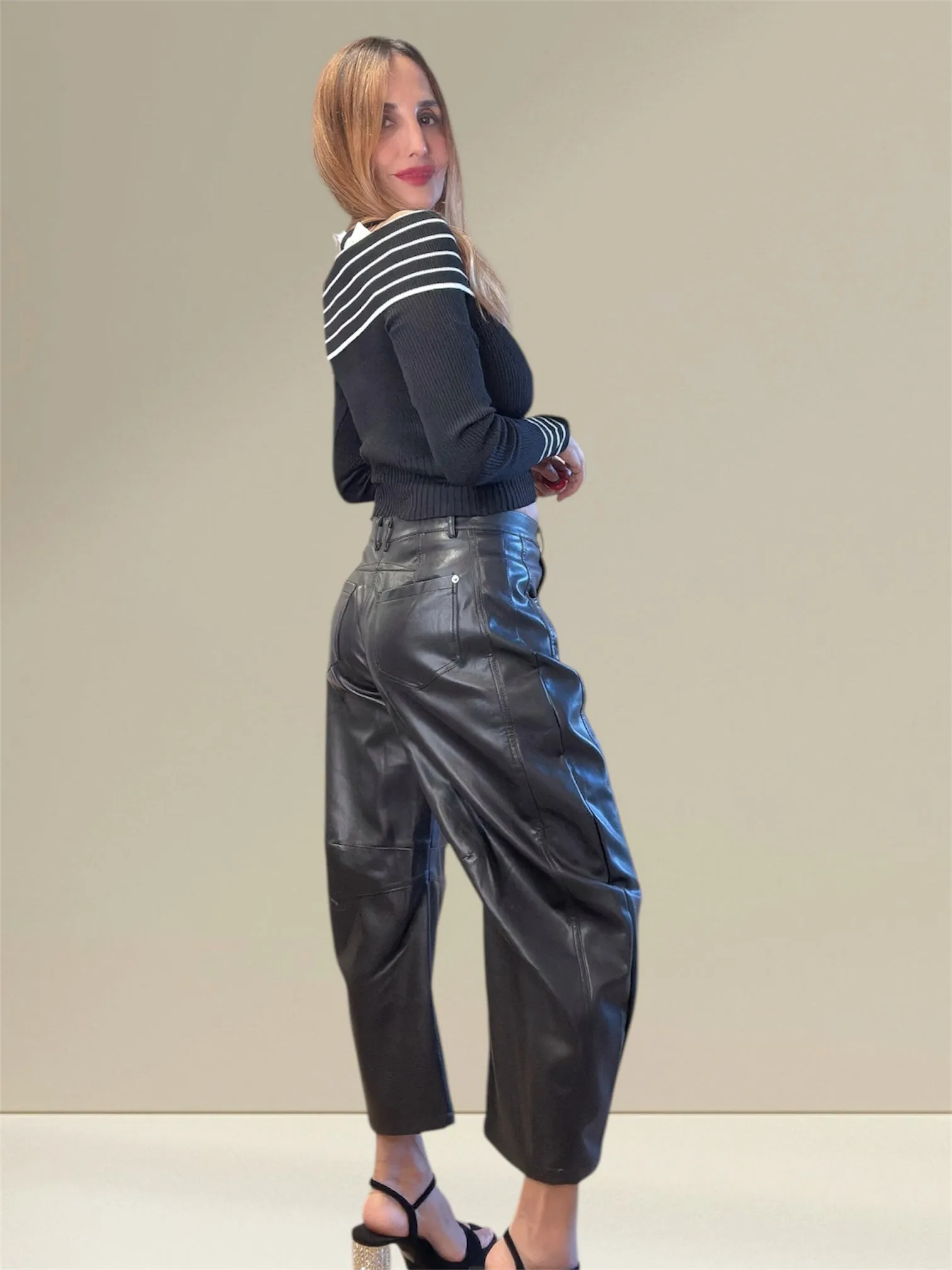 Oni sleek vegan leather Barrel black pants