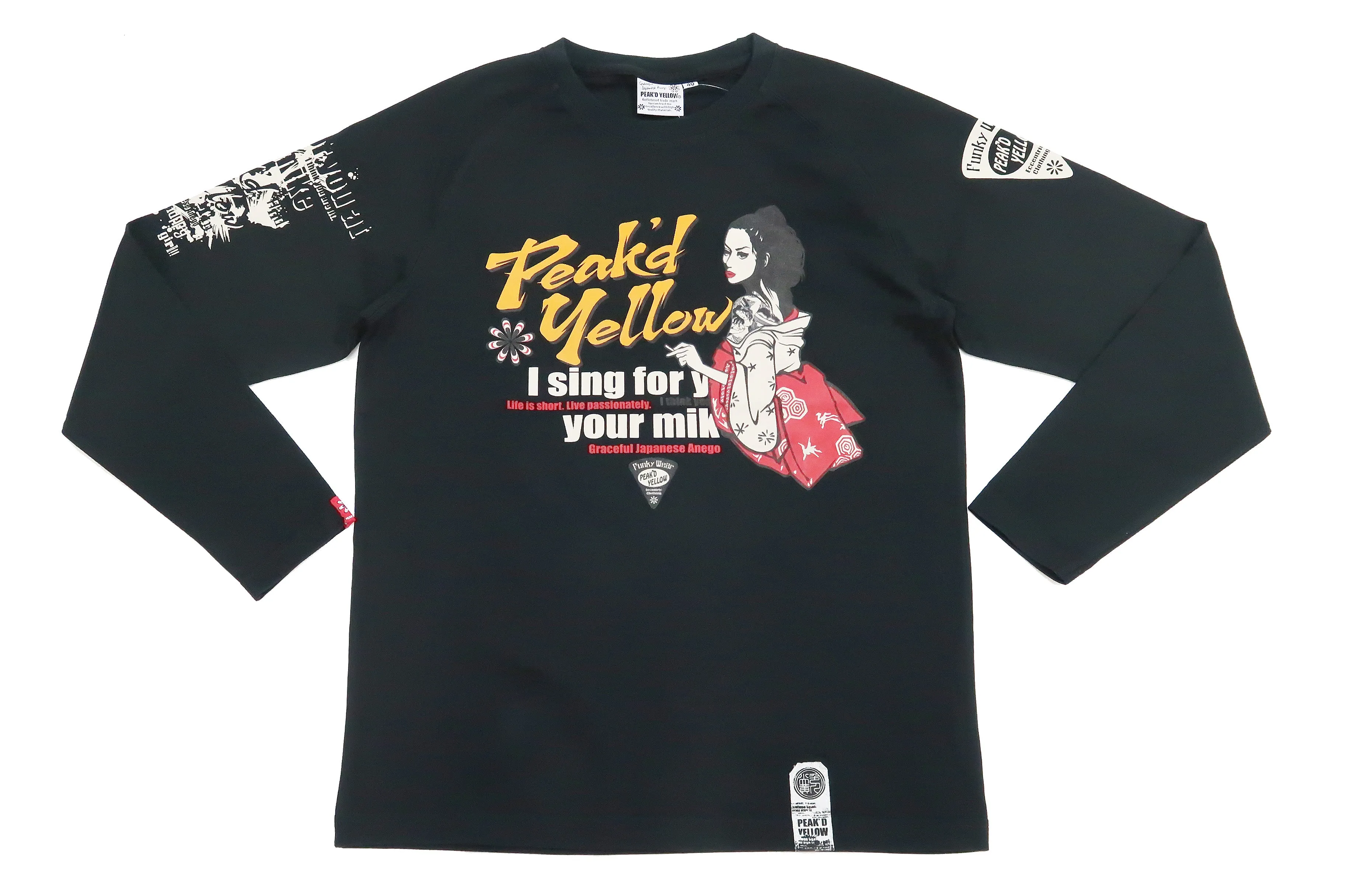 Peaked Yellow T-shirt Men's Japanese Kimono Women Graphic Long Sleeve Tee Efu-Shokai PYLT-233 Peak'd Yellow Black/Black