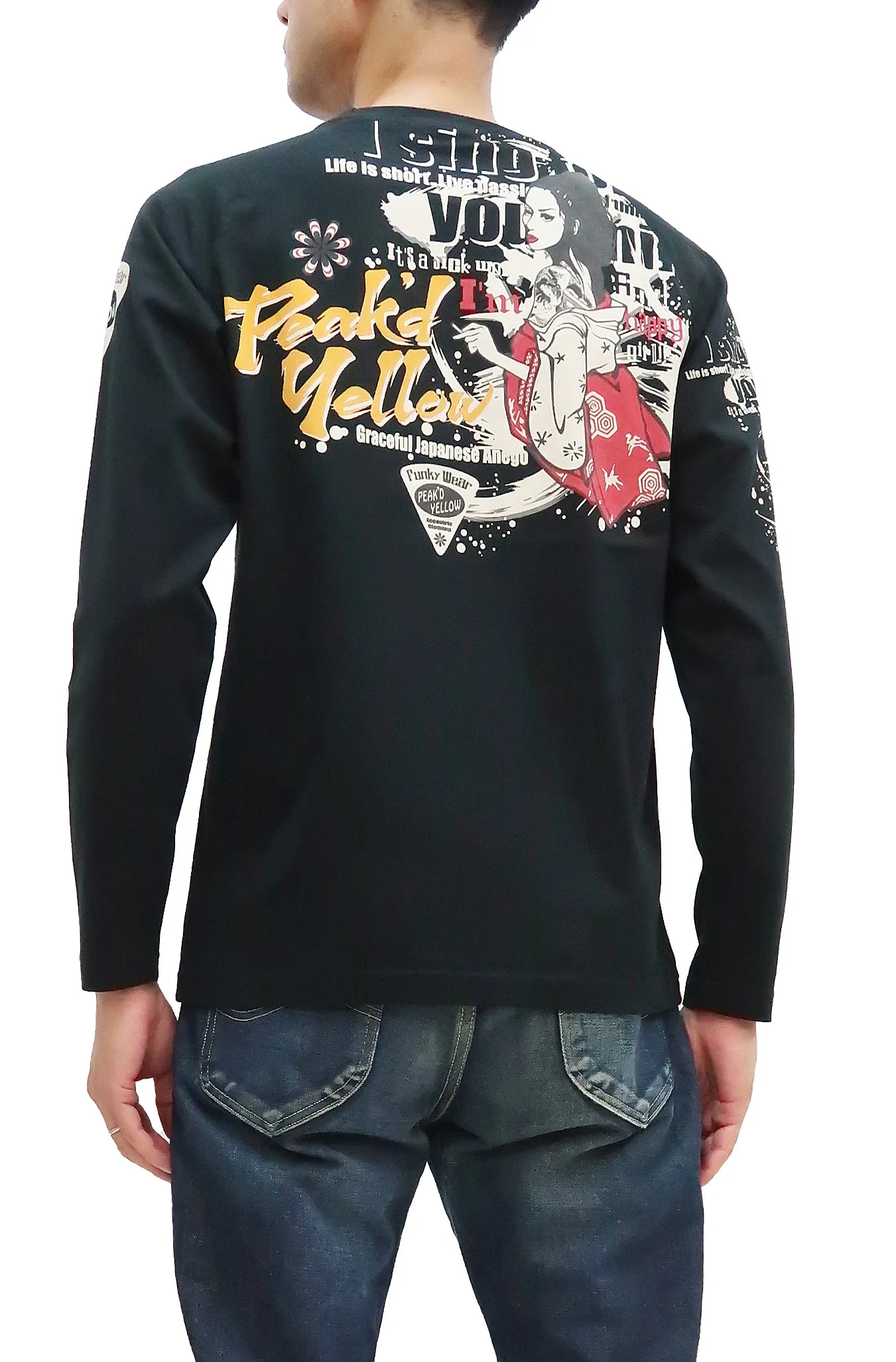 Peaked Yellow T-shirt Men's Japanese Kimono Women Graphic Long Sleeve Tee Efu-Shokai PYLT-233 Peak'd Yellow Black/Black