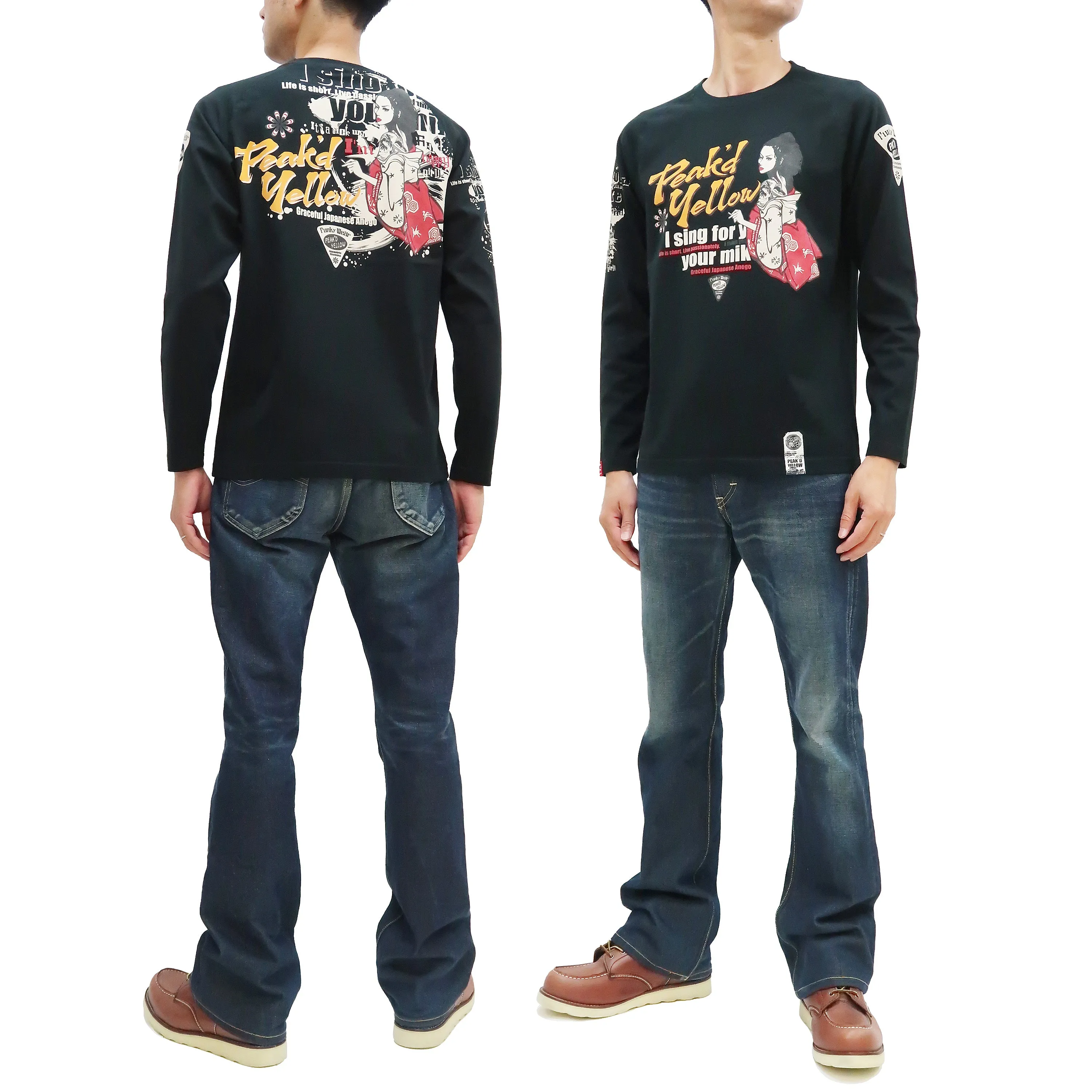 Peaked Yellow T-shirt Men's Japanese Kimono Women Graphic Long Sleeve Tee Efu-Shokai PYLT-233 Peak'd Yellow Black/Black