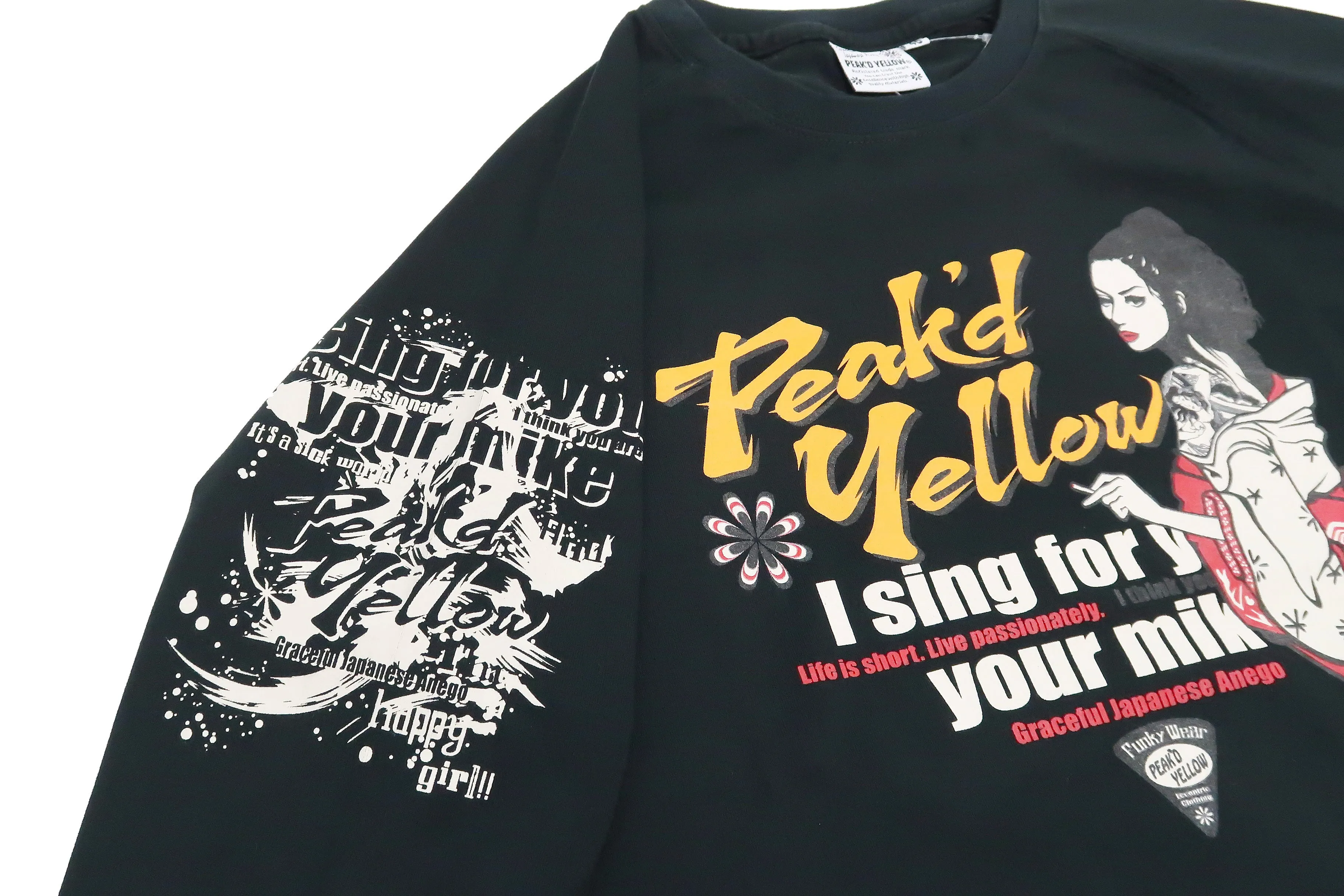 Peaked Yellow T-shirt Men's Japanese Kimono Women Graphic Long Sleeve Tee Efu-Shokai PYLT-233 Peak'd Yellow Black/Black