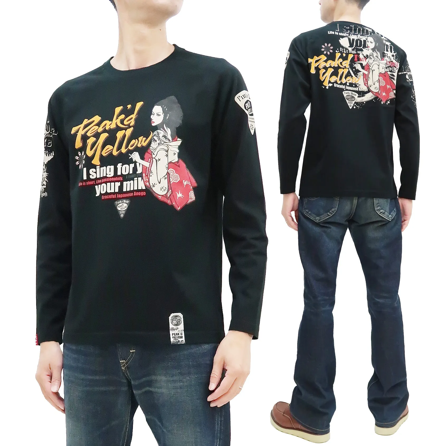 Peaked Yellow T-shirt Men's Japanese Kimono Women Graphic Long Sleeve Tee Efu-Shokai PYLT-233 Peak'd Yellow Black/Black