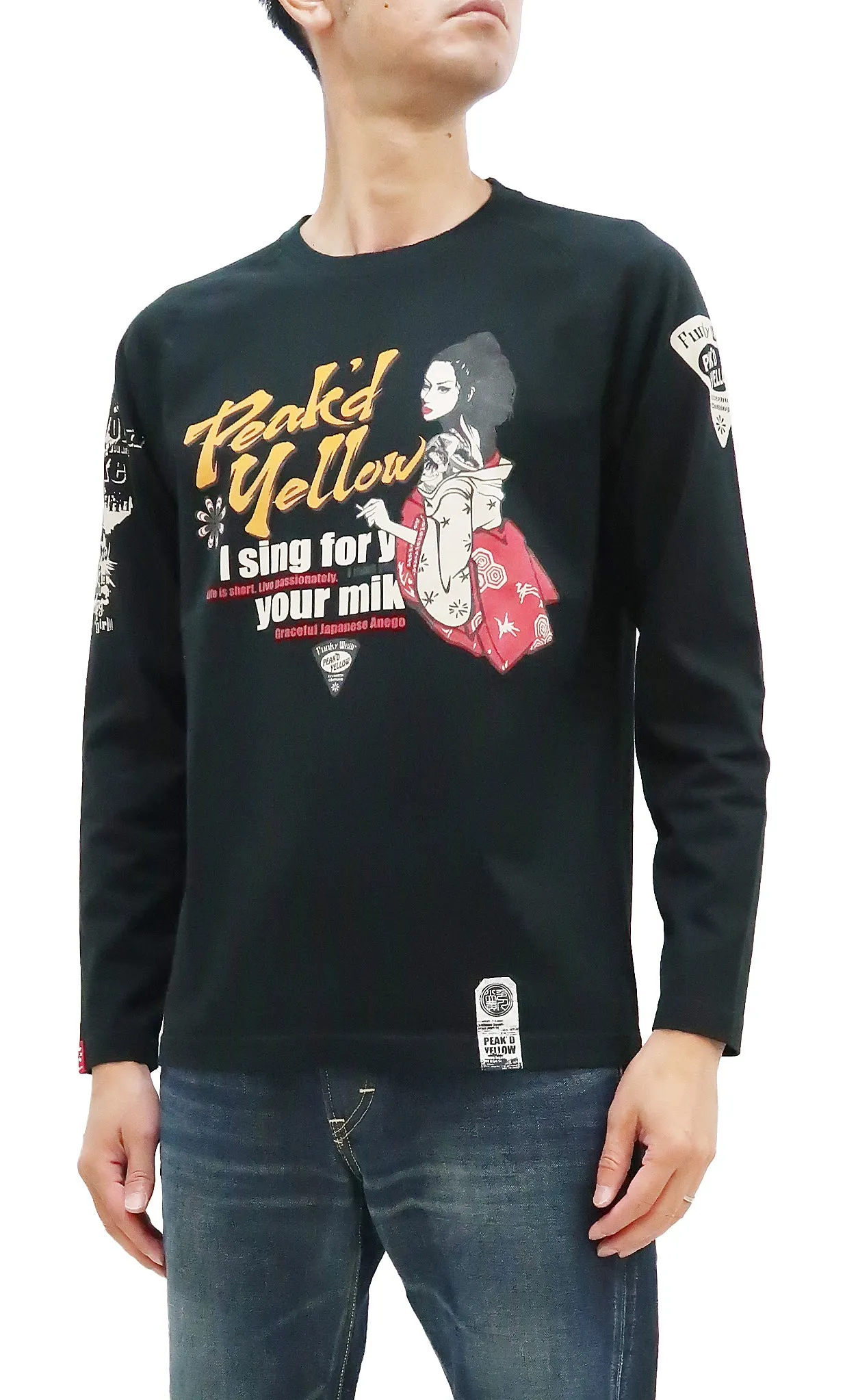 Peaked Yellow T-shirt Men's Japanese Kimono Women Graphic Long Sleeve Tee Efu-Shokai PYLT-233 Peak'd Yellow Black/Black