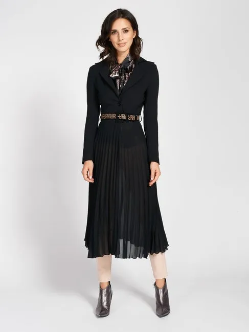 Plissé Coat Midi Crepe Long Coat in Black - Rinascimento By Feathers Of Italy
