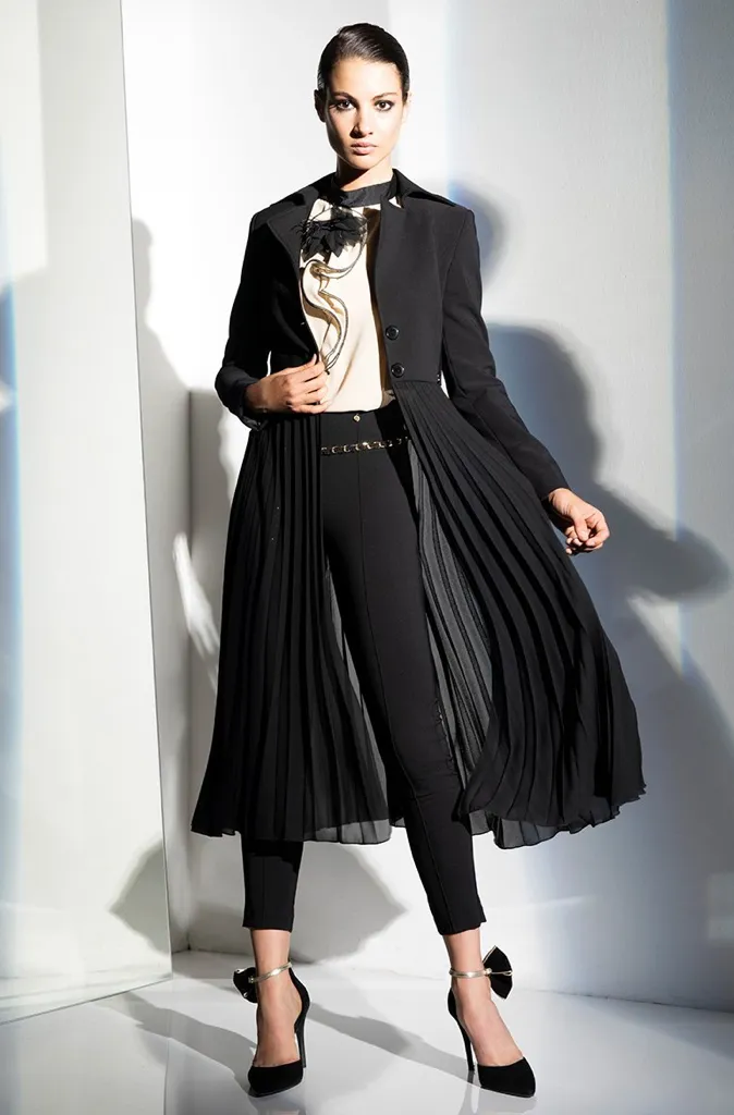 Plissé Coat Midi Crepe Long Coat in Black - Rinascimento By Feathers Of Italy