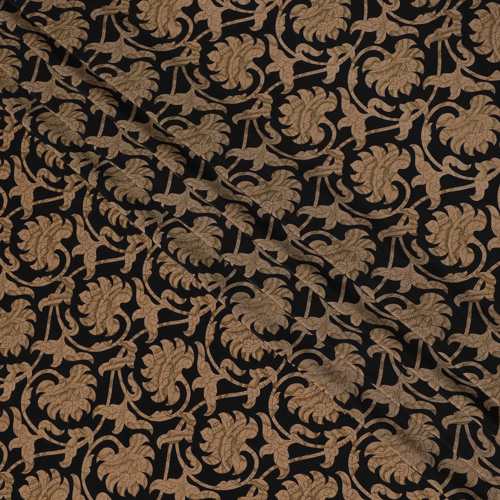 Regal Baroque Silk Crepe Fabric - Classic Gold on Black Print, 110cm Wide - Buy Online for Opulent Creations-D18180