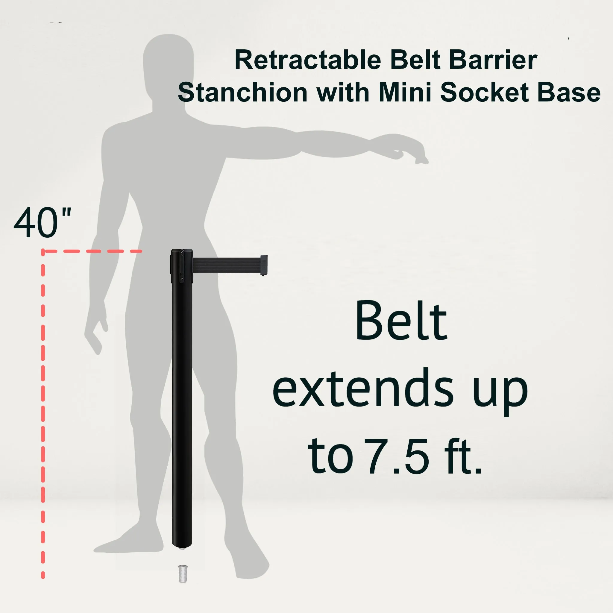 Retractable Belt Barrier Stanchion, Mini Socket Base, Black Post, 7.5 ft Belt - Montour Line MX630SK