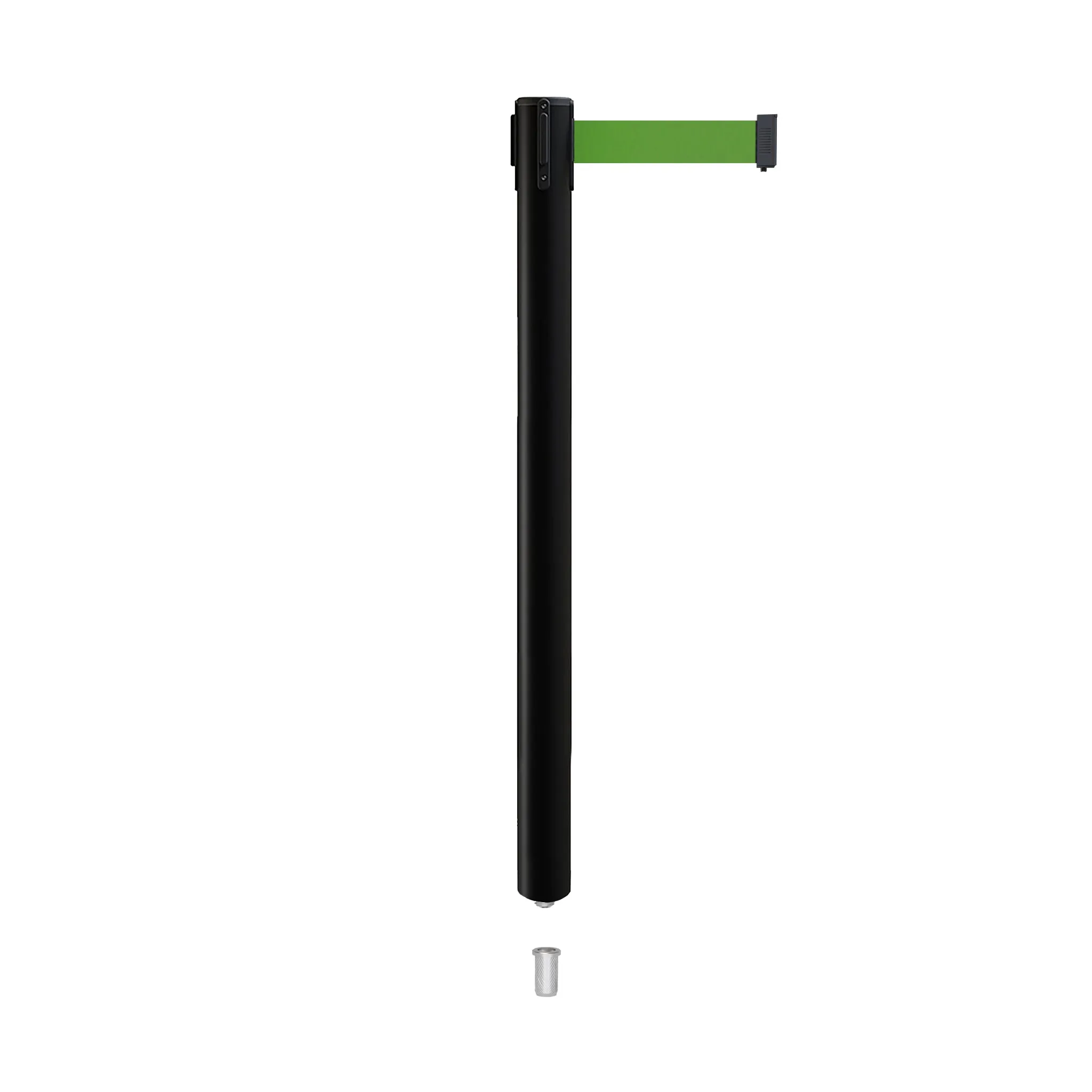Retractable Belt Barrier Stanchion, Mini Socket Base, Black Post, 7.5 ft Belt - Montour Line MX630SK