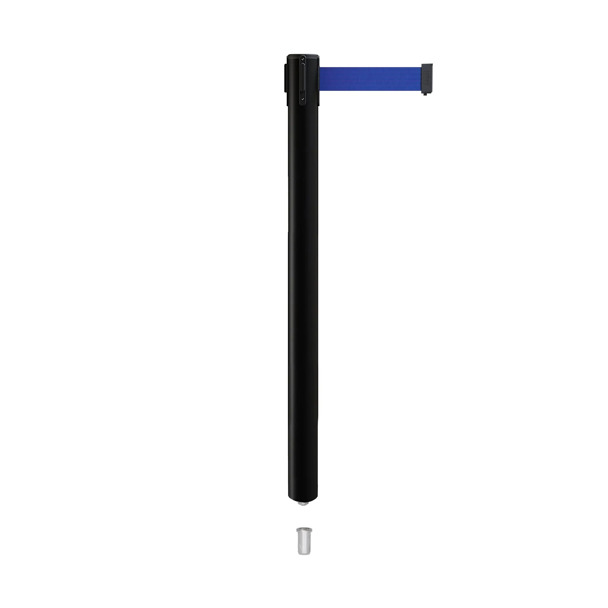 Retractable Belt Barrier Stanchion, Mini Socket Base, Black Post, 7.5 ft Belt - Montour Line MX630SK
