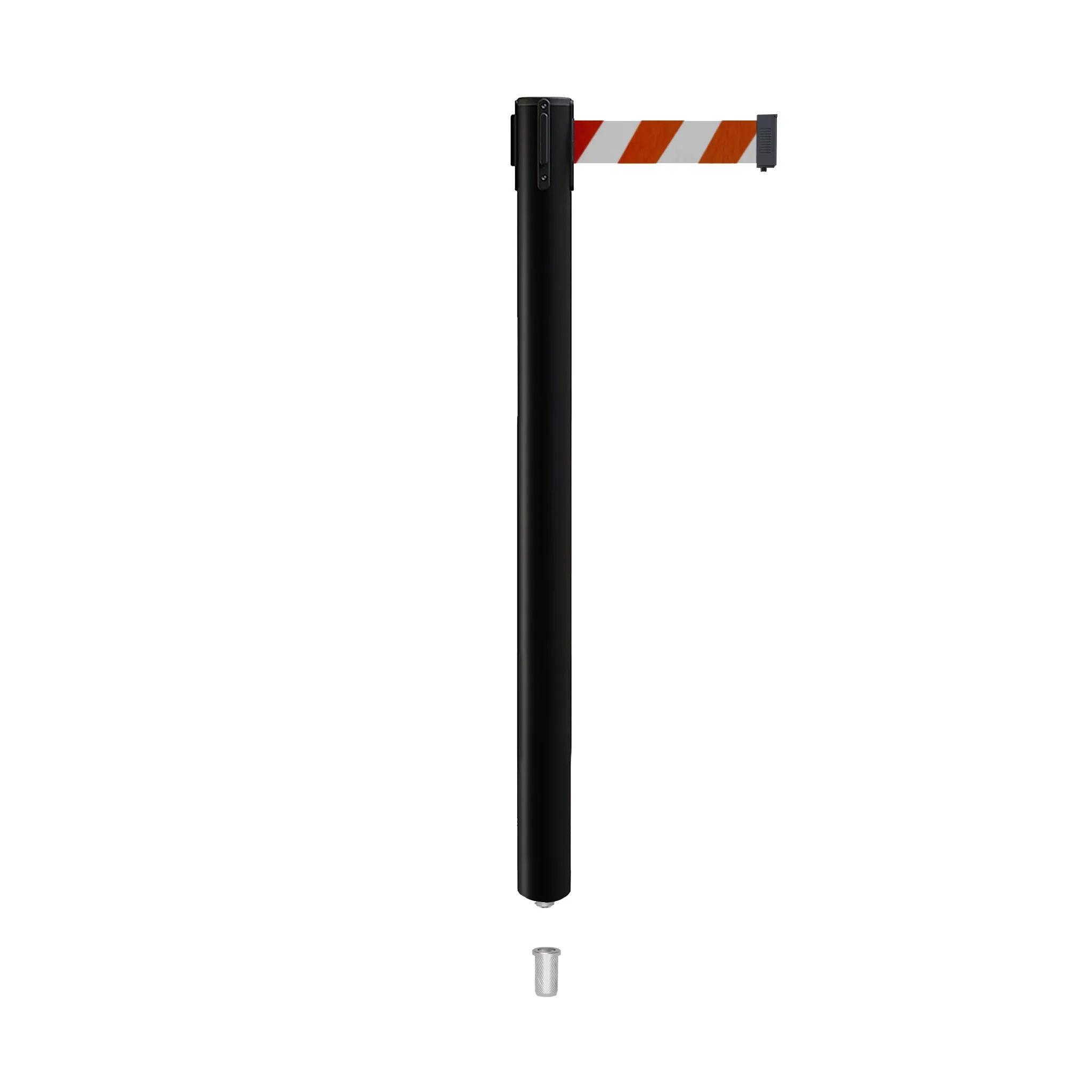 Retractable Belt Barrier Stanchion, Mini Socket Base, Black Post, 7.5 ft Belt - Montour Line MX630SK