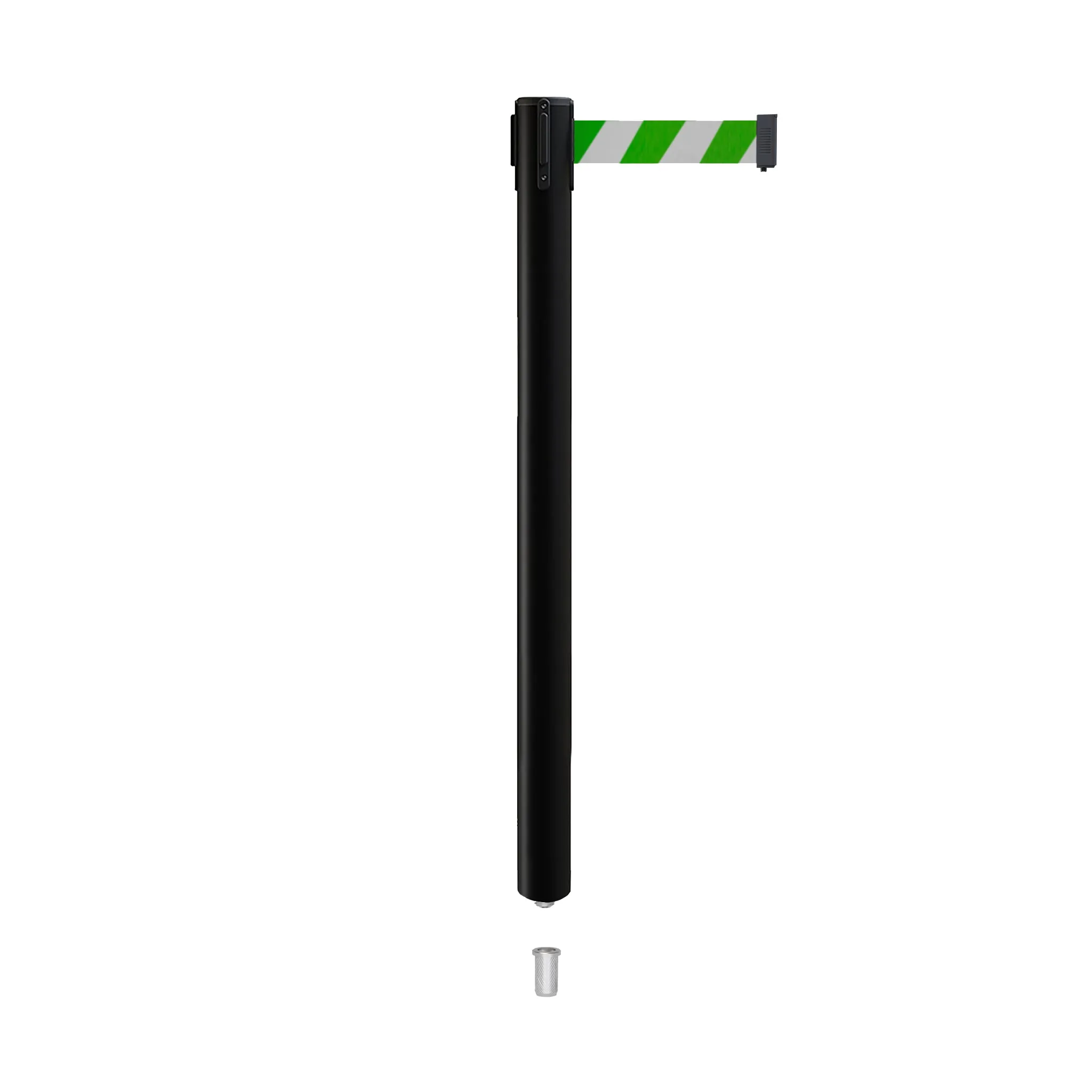Retractable Belt Barrier Stanchion, Mini Socket Base, Black Post, 7.5 ft Belt - Montour Line MX630SK