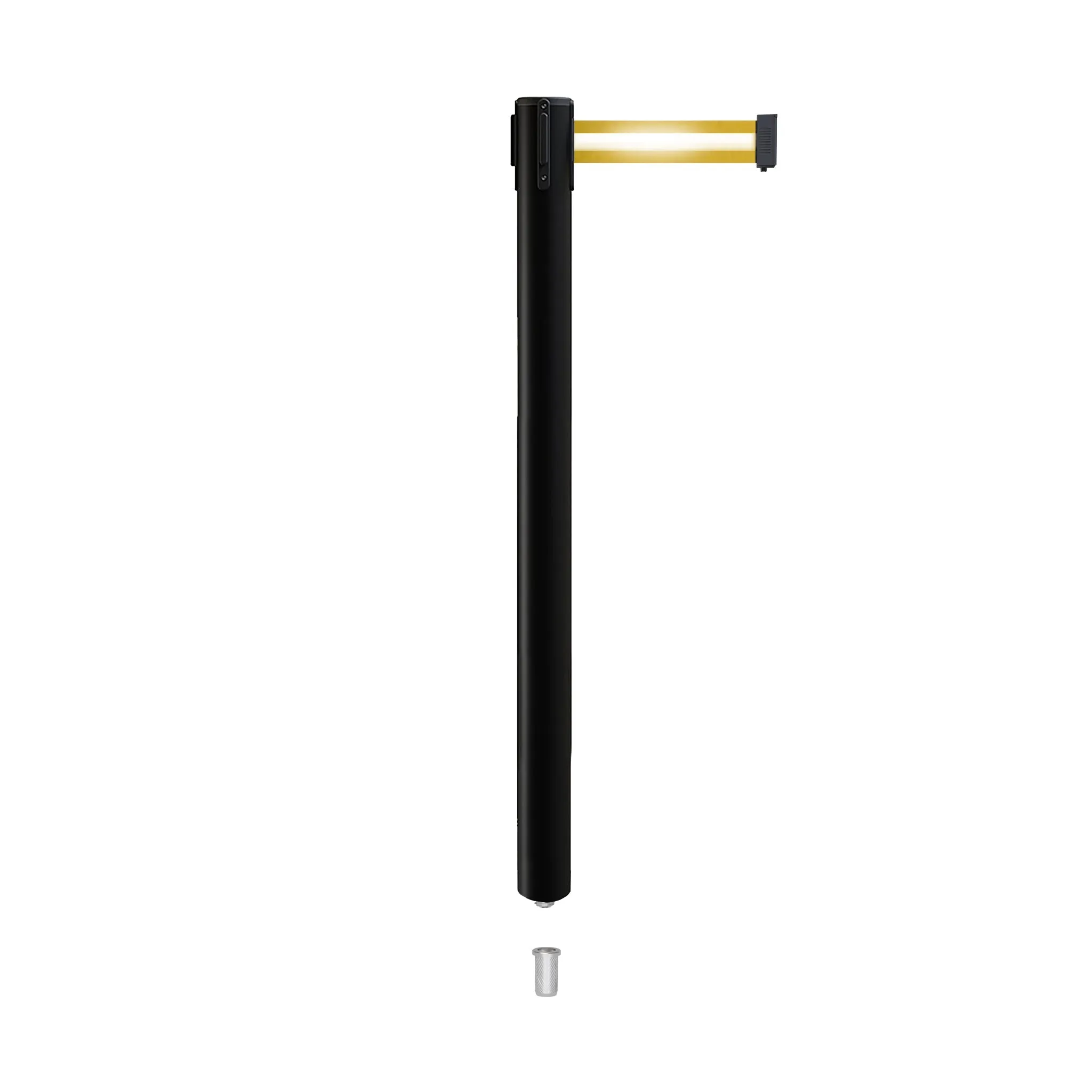 Retractable Belt Barrier Stanchion, Mini Socket Base, Black Post, 7.5 ft Belt - Montour Line MX630SK