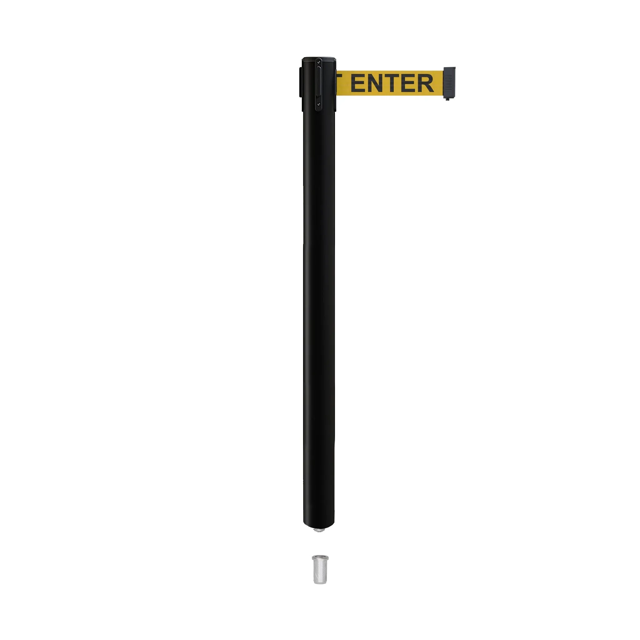 Retractable Belt Barrier Stanchion, Mini Socket Base, Black Post, 7.5 ft Belt - Montour Line MX630SK