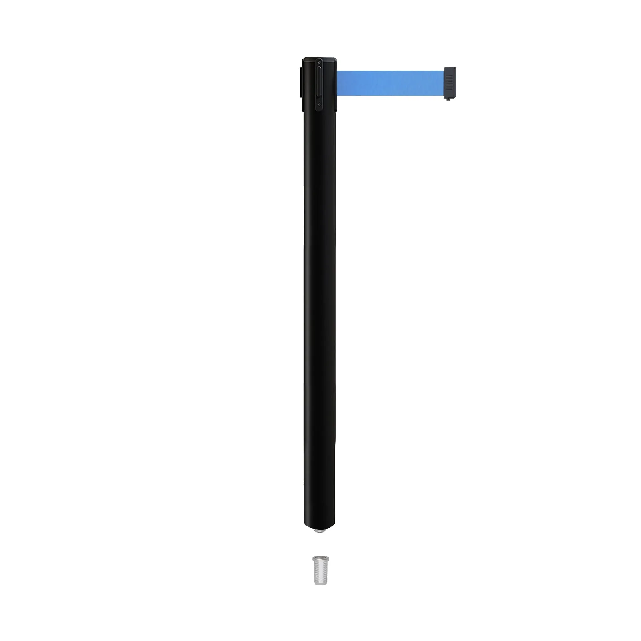 Retractable Belt Barrier Stanchion, Mini Socket Base, Black Post, 7.5 ft Belt - Montour Line MX630SK