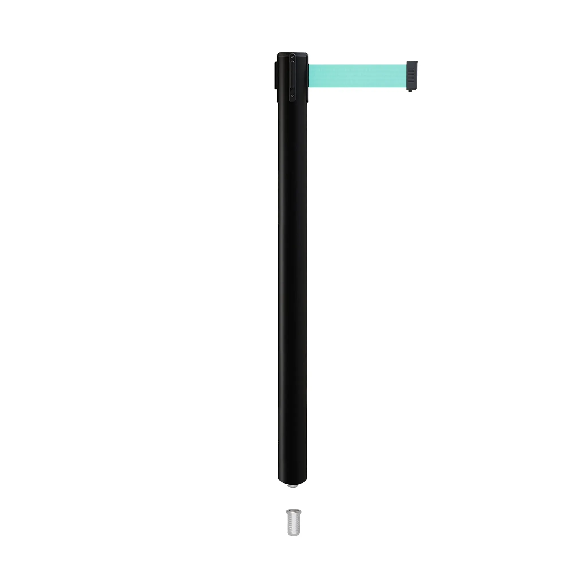 Retractable Belt Barrier Stanchion, Mini Socket Base, Black Post, 7.5 ft Belt - Montour Line MX630SK