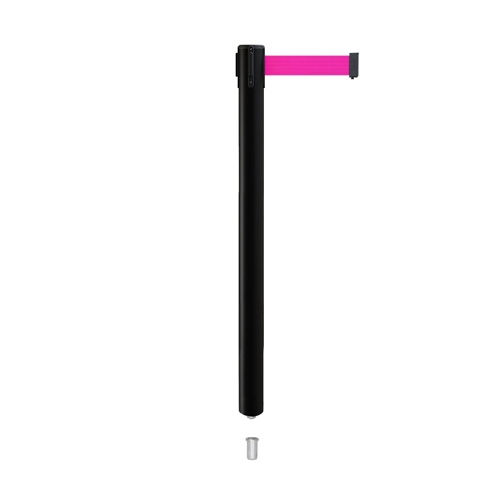 Retractable Belt Barrier Stanchion, Mini Socket Base, Black Post, 7.5 ft Belt - Montour Line MX630SK