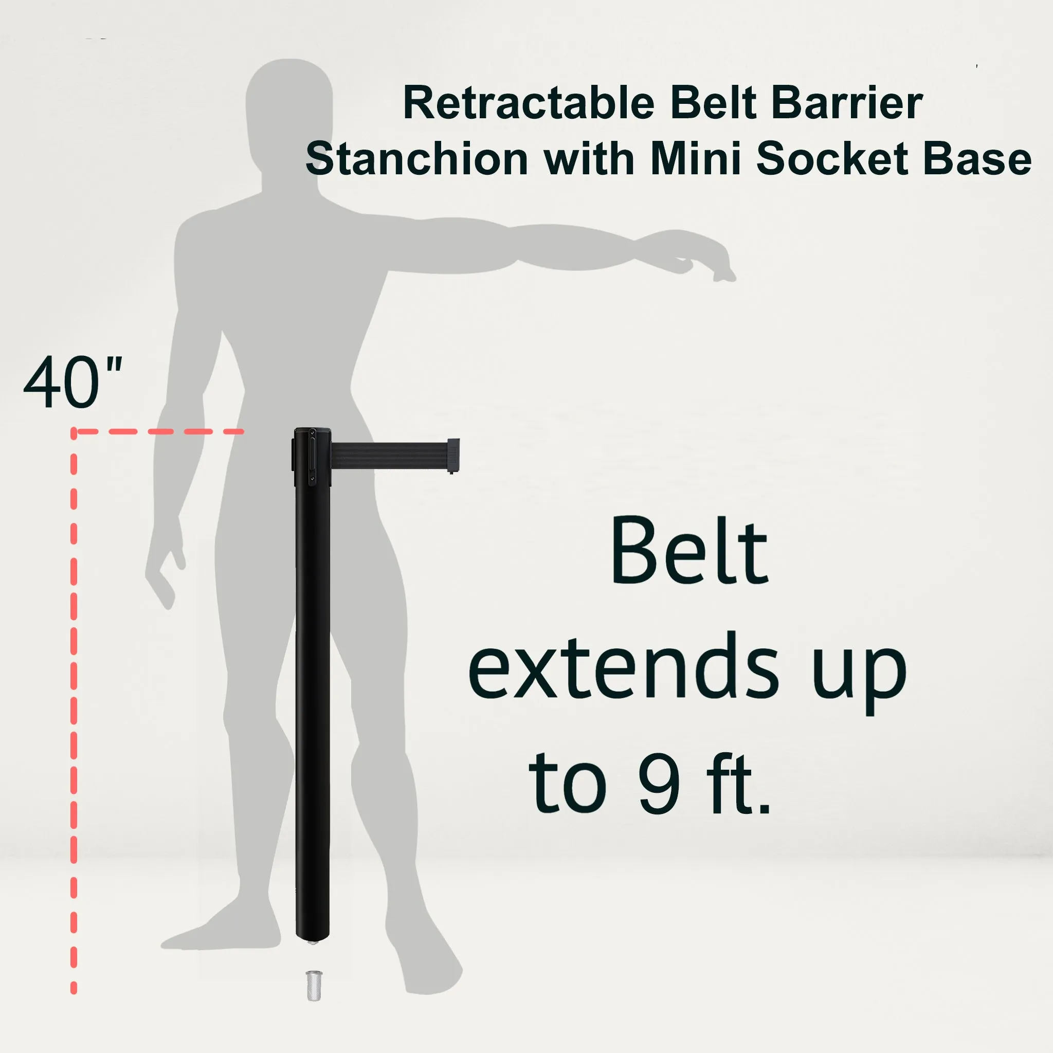 Retractable Belt Barrier Stanchion, Mini Socket Base, Black Post, 9 ft Belt - Montour Line MX630SK