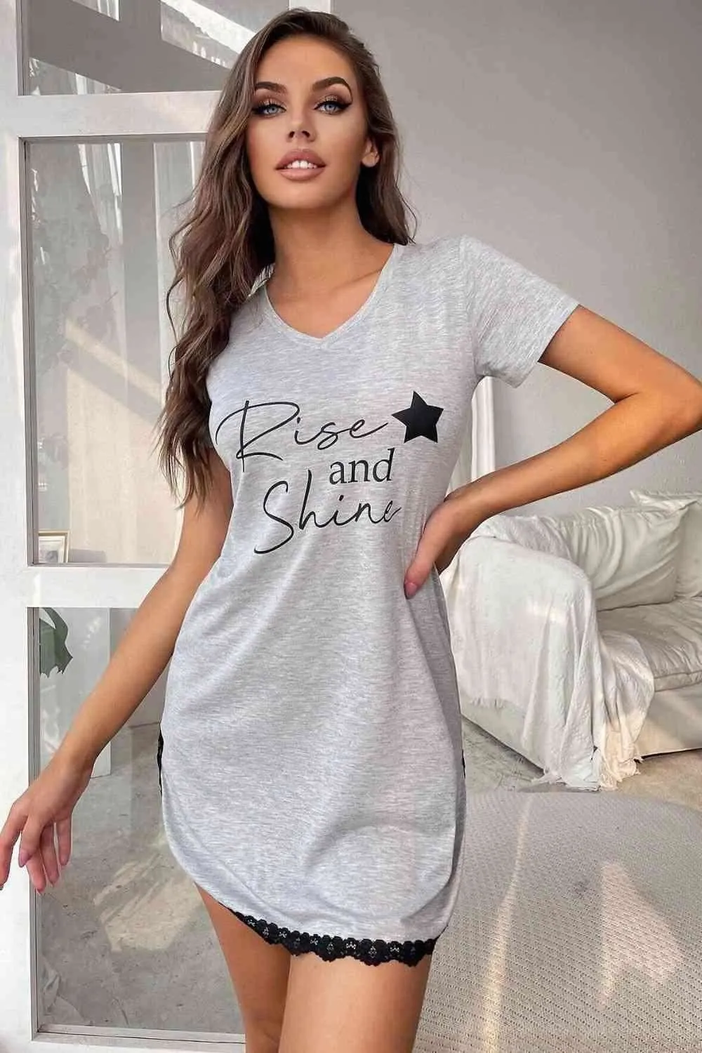 RISE AND SHINE Contrast Lace V-Neck T-Shirt Dress
