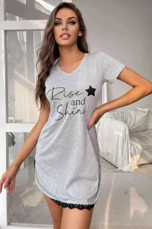 RISE AND SHINE Contrast Lace V-Neck T-Shirt Dress