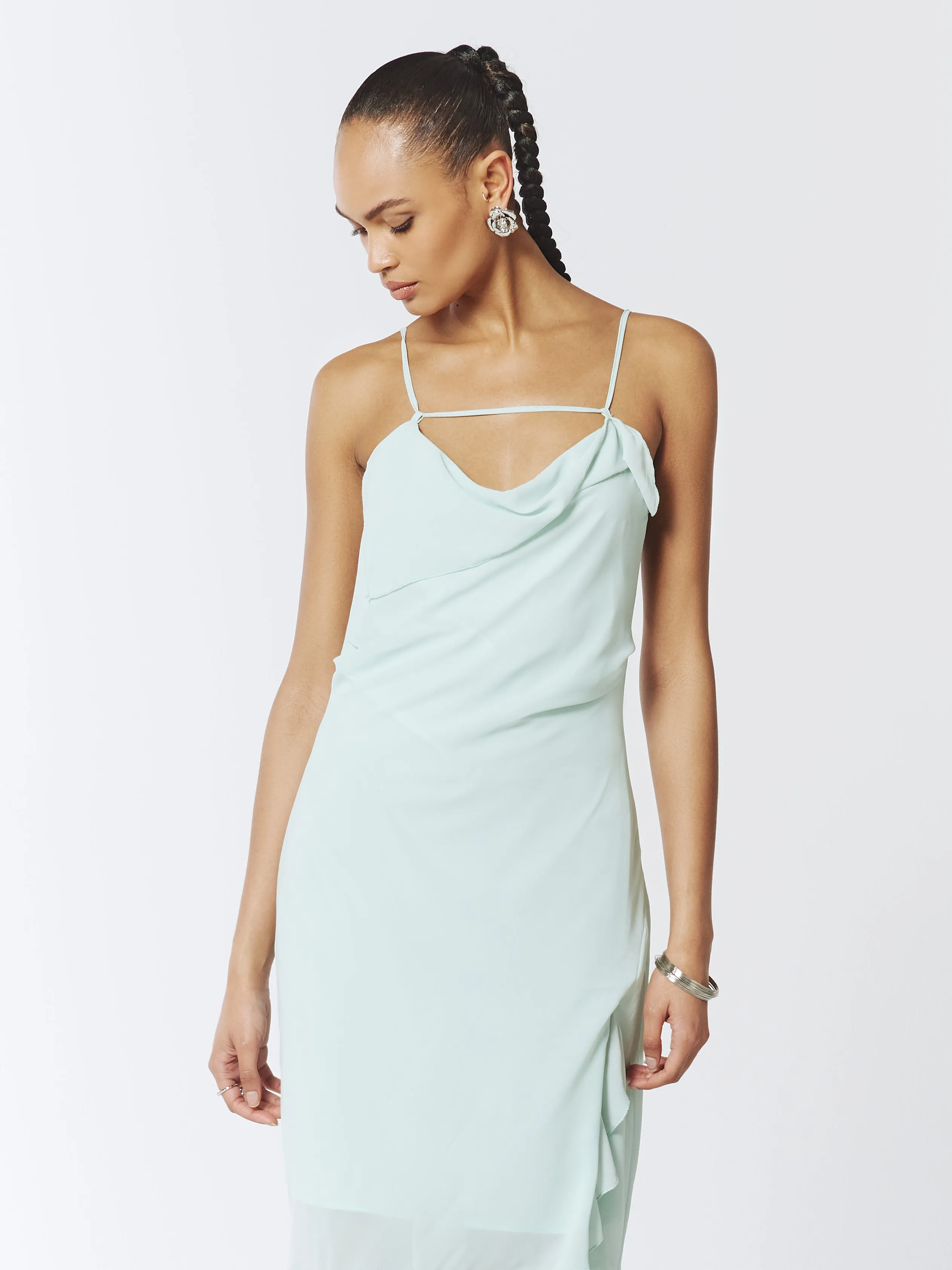 Ruffle-Trimmed Slip Dress in Sea Mist Green