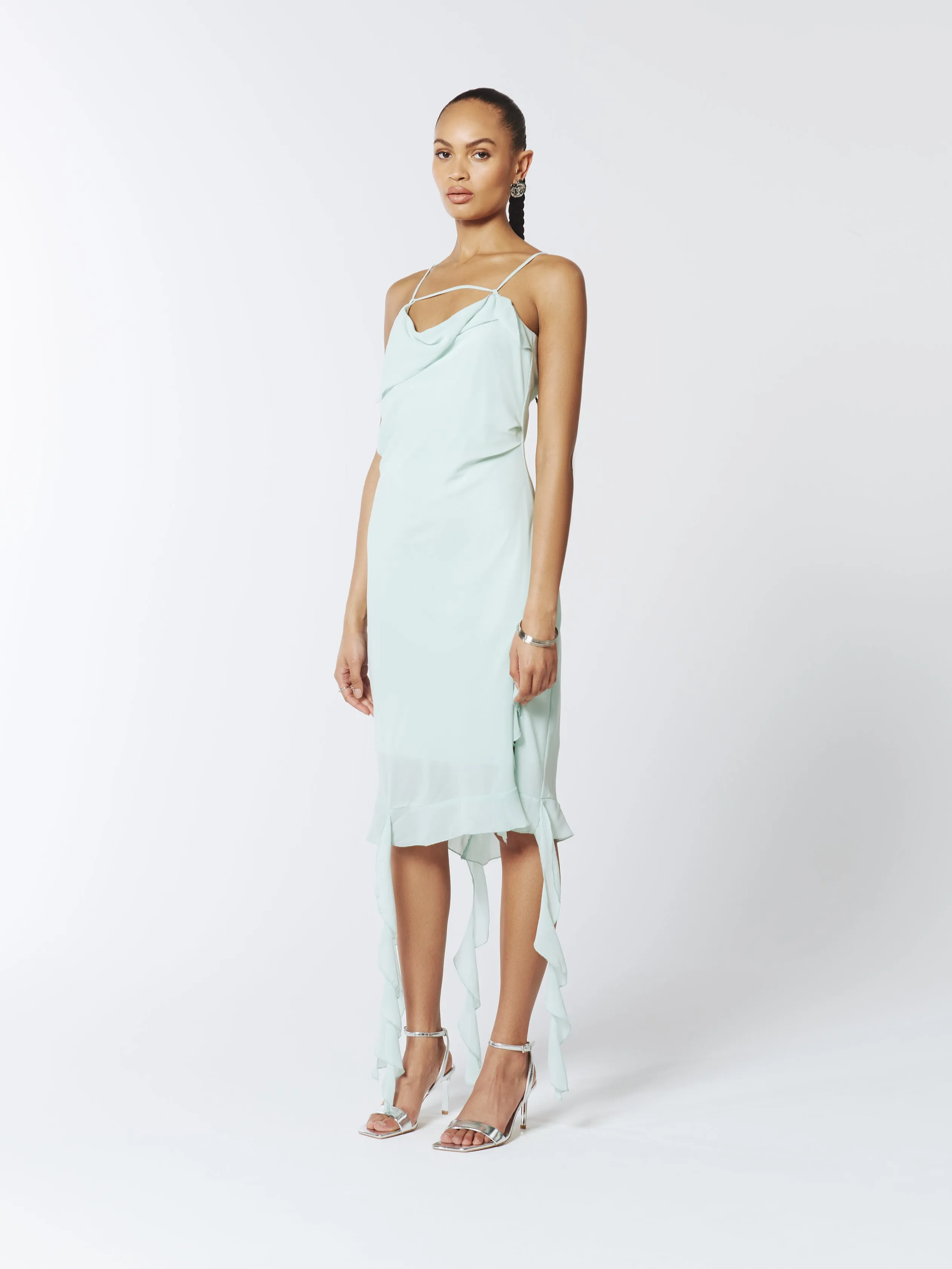 Ruffle-Trimmed Slip Dress in Sea Mist Green