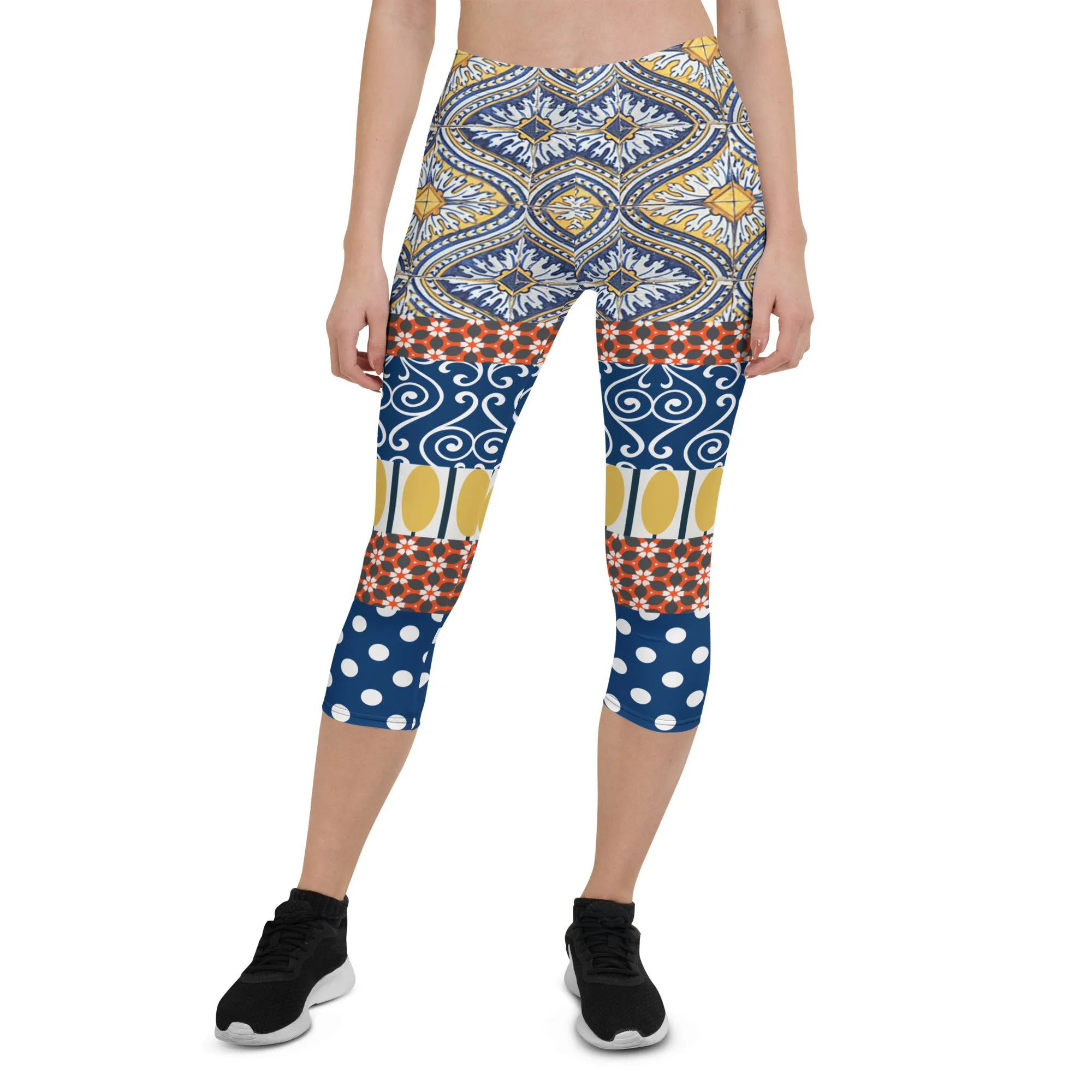 Scaredy-Cat Blue Mediterranean Tile Capri Leggings