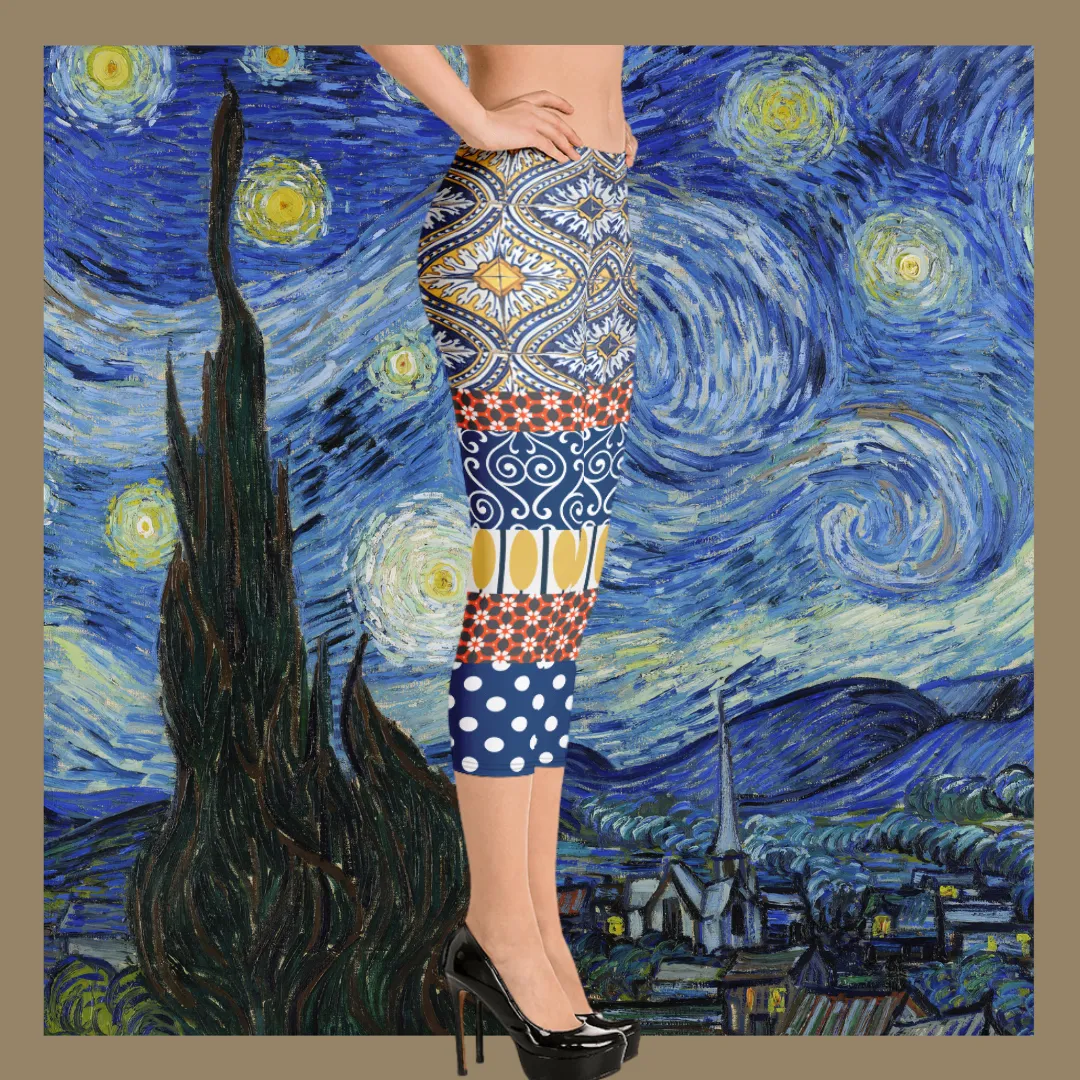 Scaredy-Cat Blue Mediterranean Tile Capri Leggings