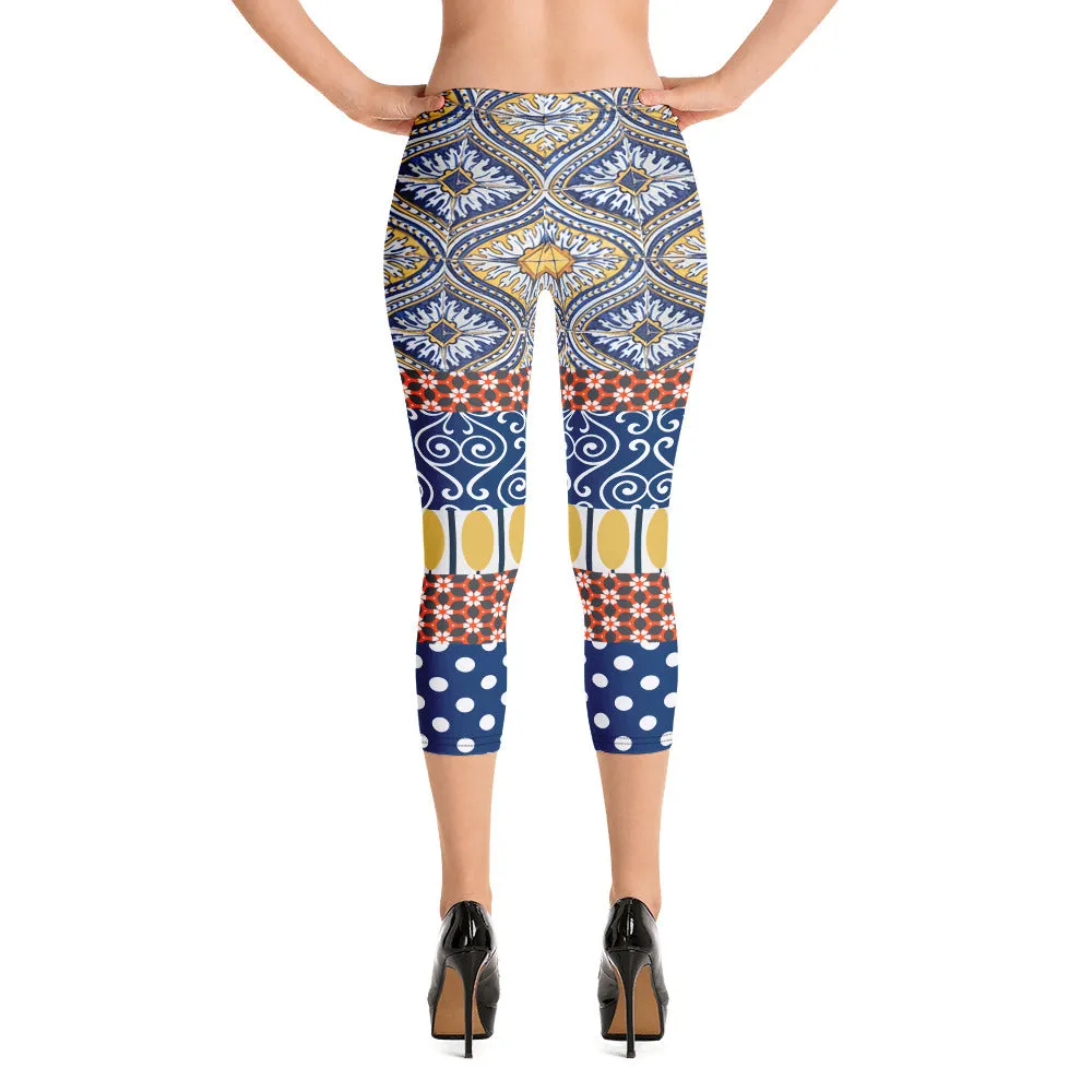 Scaredy-Cat Blue Mediterranean Tile Capri Leggings