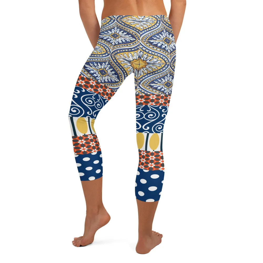 Scaredy-Cat Blue Mediterranean Tile Capri Leggings