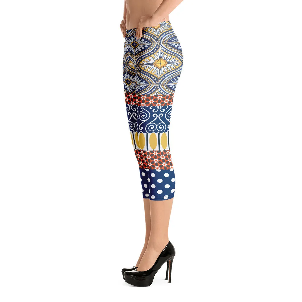 Scaredy-Cat Blue Mediterranean Tile Capri Leggings