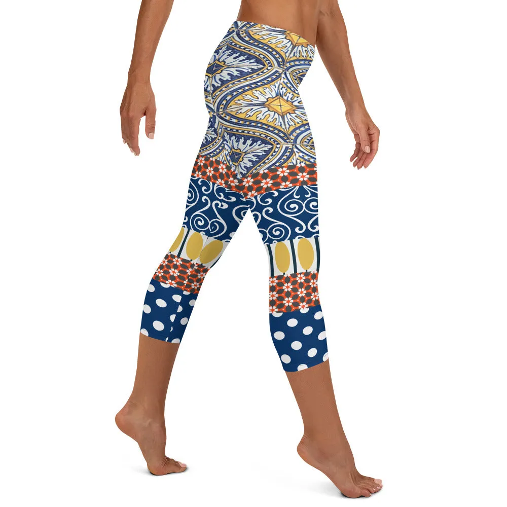 Scaredy-Cat Blue Mediterranean Tile Capri Leggings