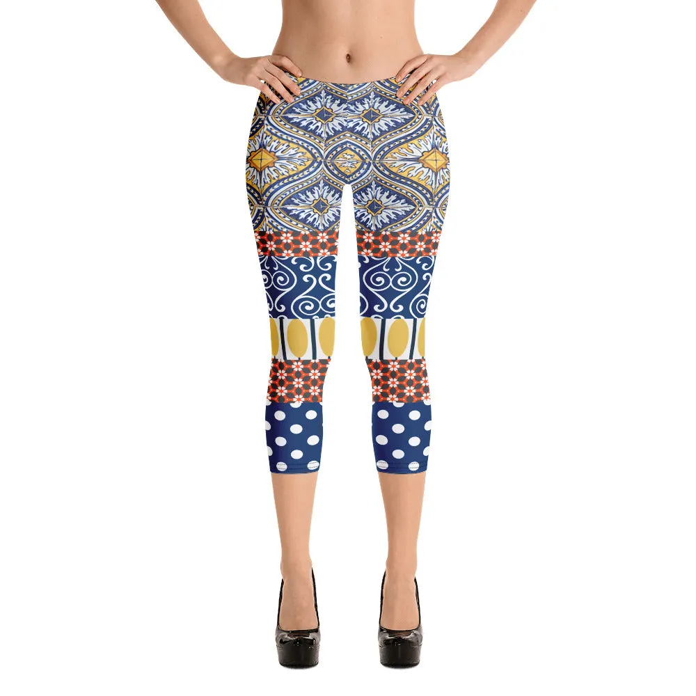 Scaredy-Cat Blue Mediterranean Tile Capri Leggings