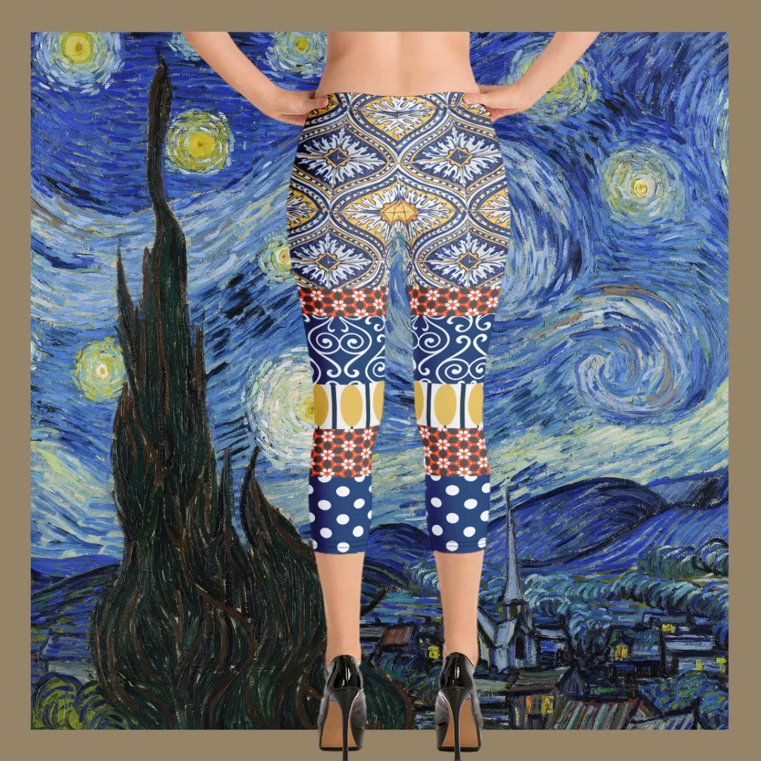 Scaredy-Cat Blue Mediterranean Tile Capri Leggings