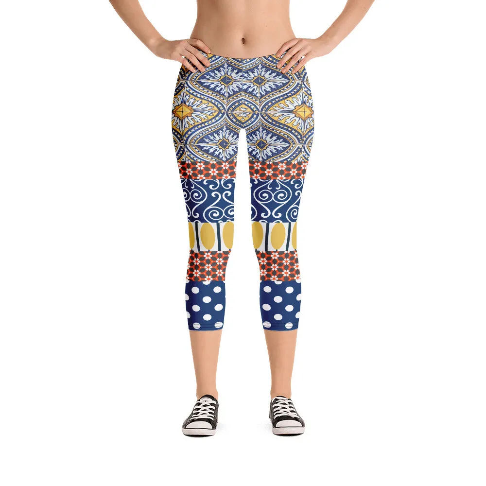 Scaredy-Cat Blue Mediterranean Tile Capri Leggings