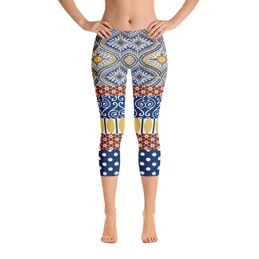 Scaredy-Cat Blue Mediterranean Tile Capri Leggings
