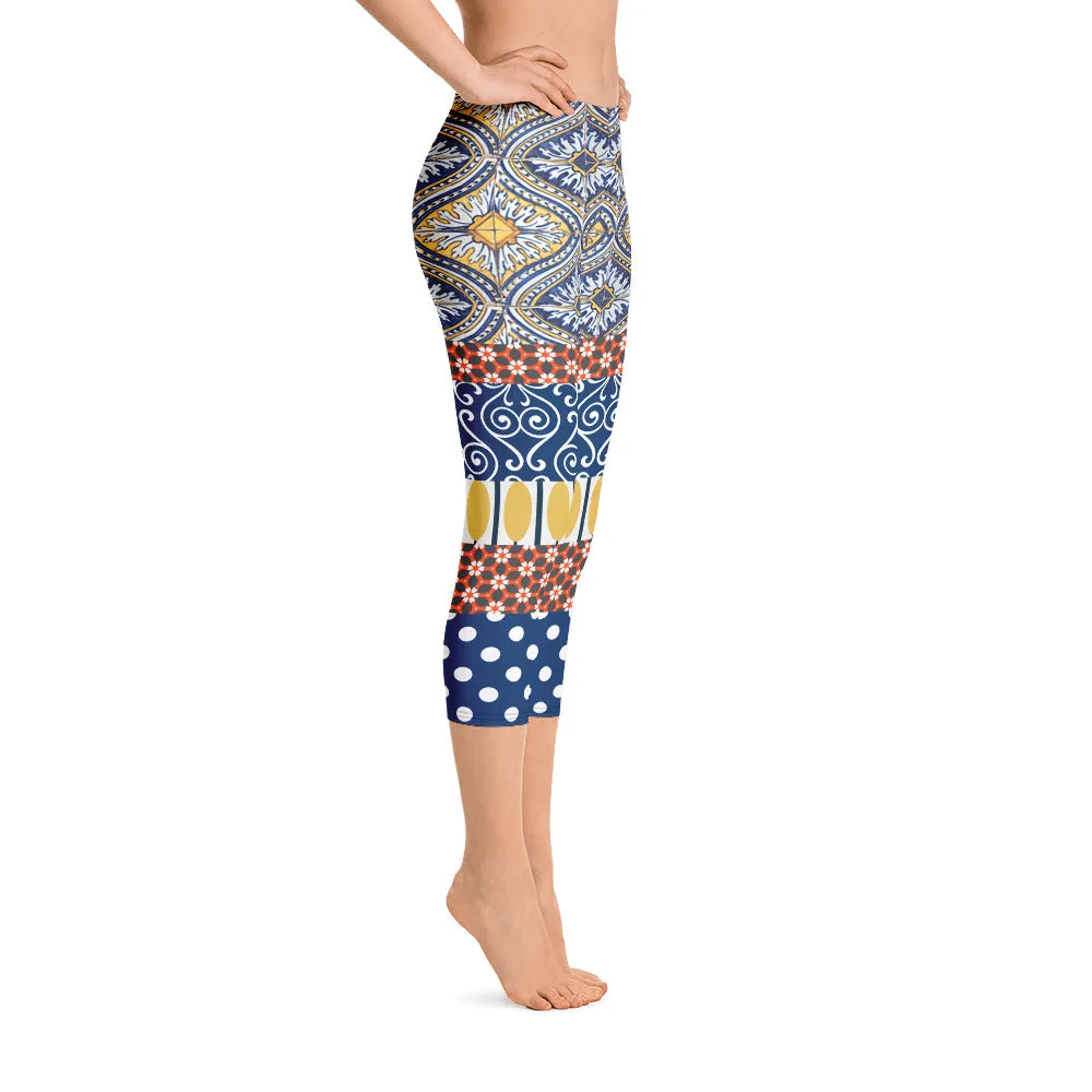 Scaredy-Cat Blue Mediterranean Tile Capri Leggings